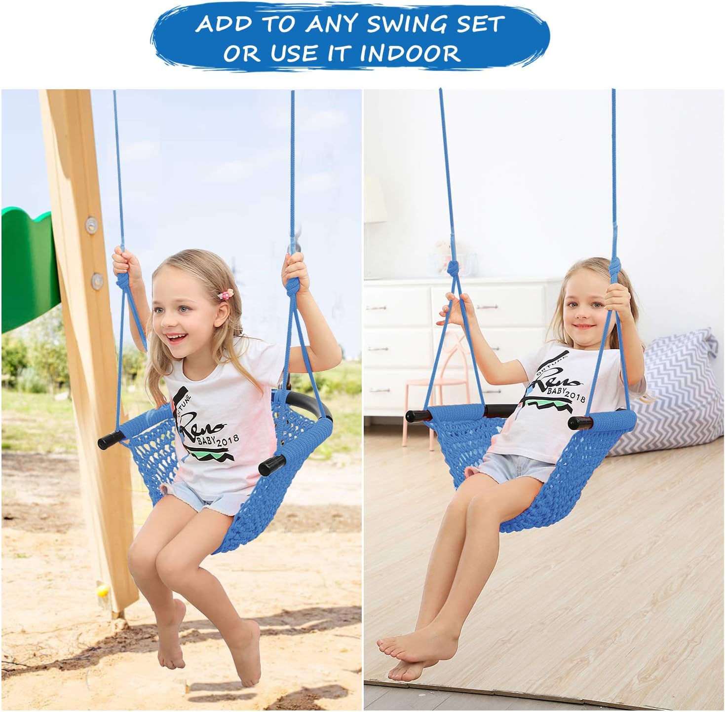 RedSwing Asiento de columpio para niños, columpio para niños pequeños tejido a mano con cuerdas ajustables, juego de columpio seguro para niños,