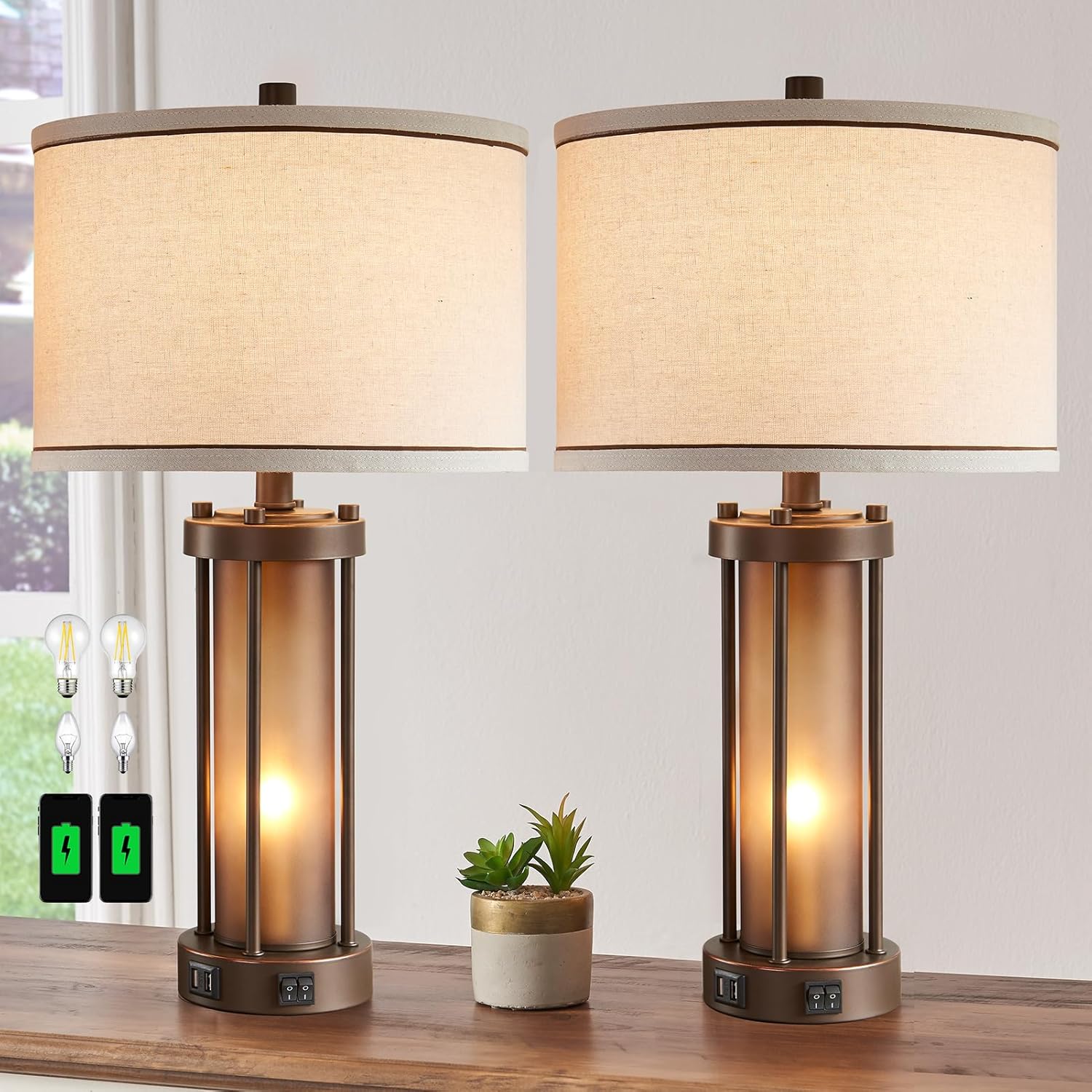 Juego de 2 lámparas de mesa de granja para sala de estar con 2 puertos USB, lámparas rústicas vintage con luz nocturna de vidrio ámbar, lámparas de
