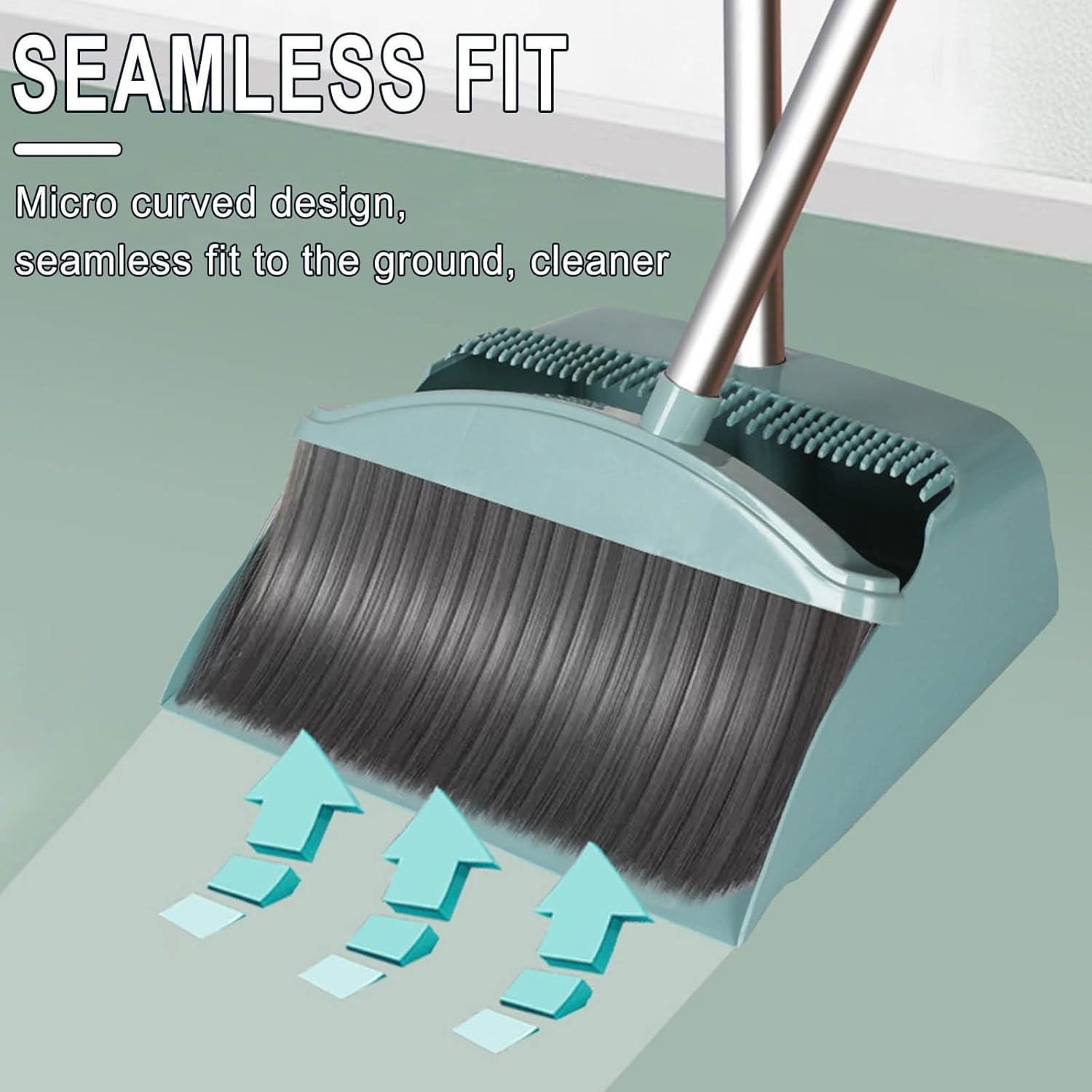 Brooms with Dustpan Squeegee Combo Set, Rotated 180 Degrees, Stainless Steel Handle for Kitchen Office Lobby Floor Hote