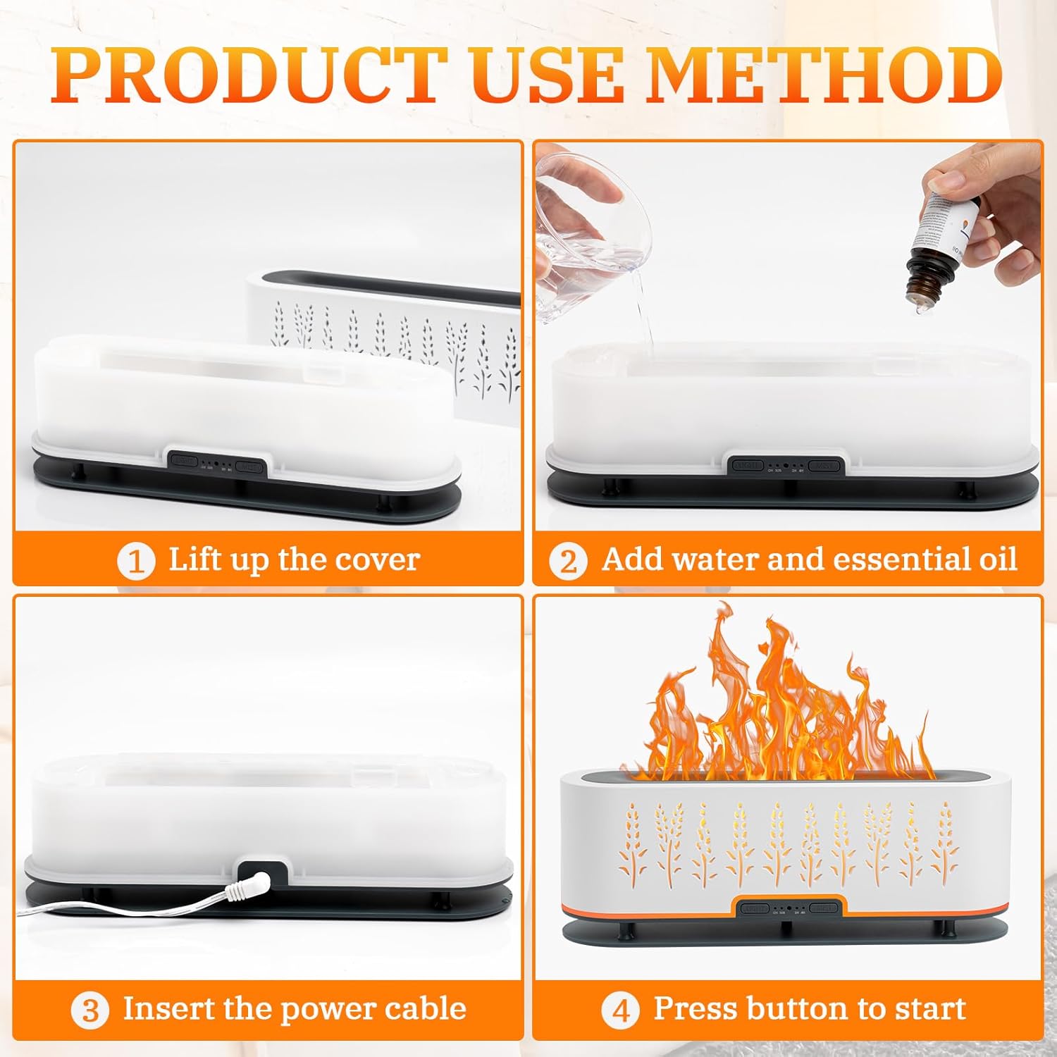 Flame Air Difusor de aroma Humidificador de 7 colores de llama, difusor de aromaterapia de aceite esencial de 6.8 fl oz con 2 modos de niebla, 4