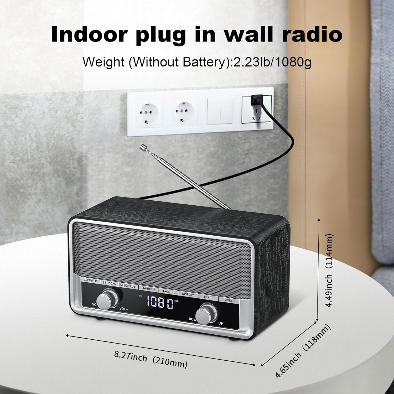 Radio AM FM enchufable de pared, radio con Bluetooth para el hogar, mejor radio reloj de recepción con pantalla LCD, reposo40 preajustes retro