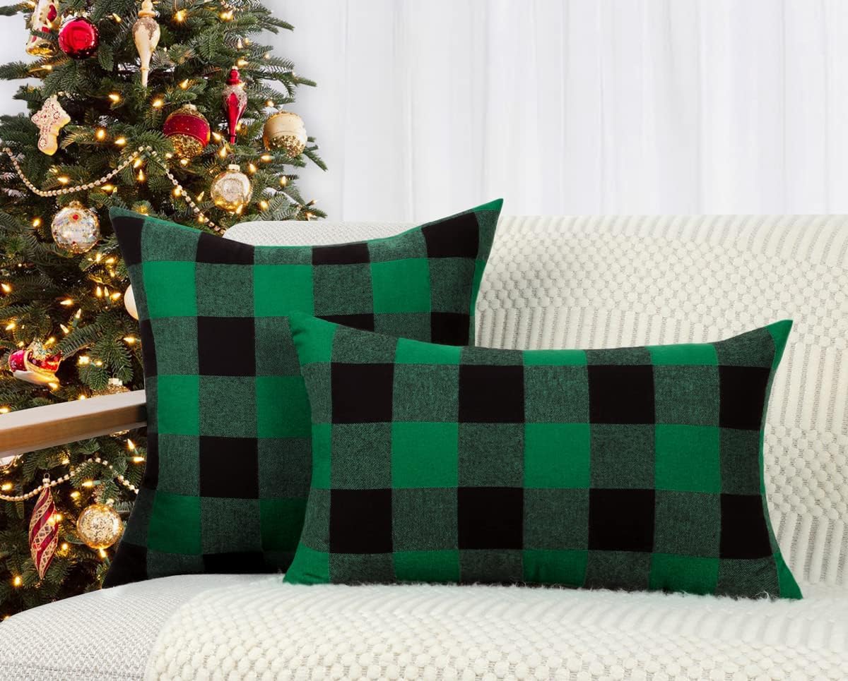 4TH Emotion Juego de 2 fundas de cojín o almohada de poliéster con estampado a cuadros estilo alquería para decoración del hogar en Navidad, verde y