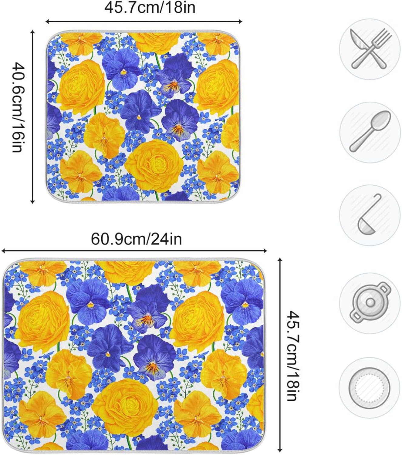 Botanical Realistic Flowers Dish Mat Washnable Absorbent Drying Mat For Kitchen Counter Dish Drainer Cloth Tapete Para Cocina 16” x 18”