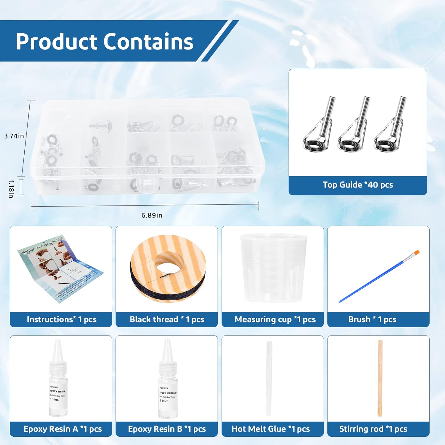 Hifisher Kit de reparación de puntas de caña de pescar 40 piezas de 8 tamaños guías superiores, resina epoxi de 1 oz, cepillo, taza medida, kit de