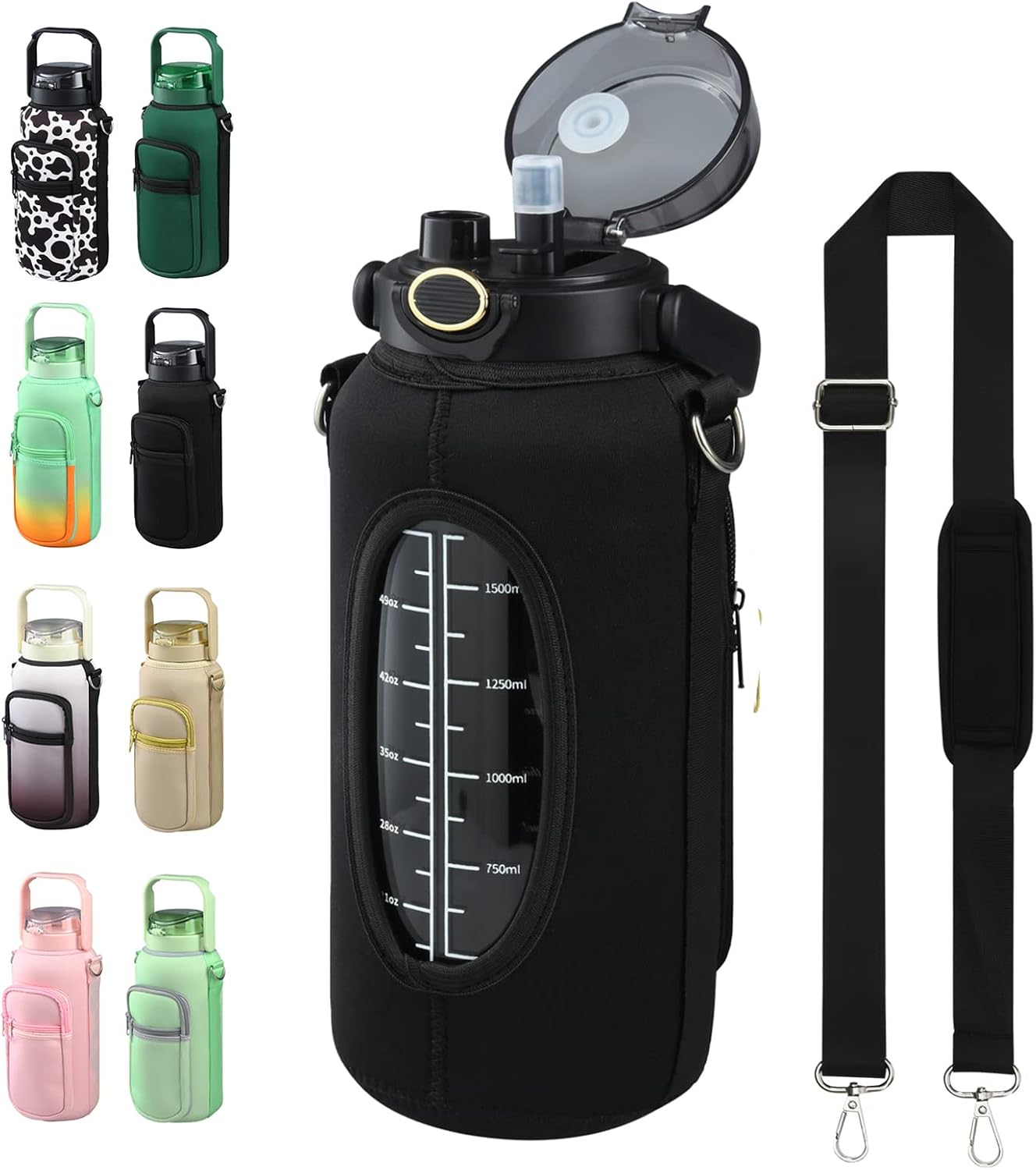 chunmo Botella de agua de vidrio de medio galón de 64 onzas con popote y funda de almacenamiento, botella de agua motivacional con correa y tiempo