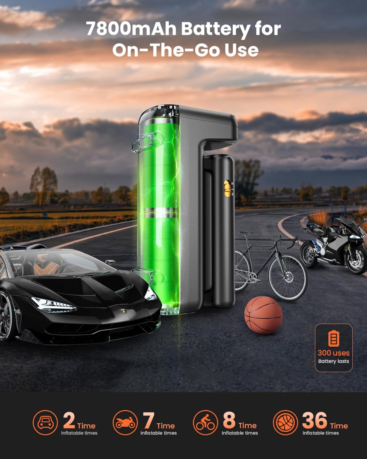 Inflador de neumáticos Bomba de aire portátil compresor eléctrico inalámbrico SOWINK 150 PSI actualizado 2024 7800mAh batería recargable, inflado