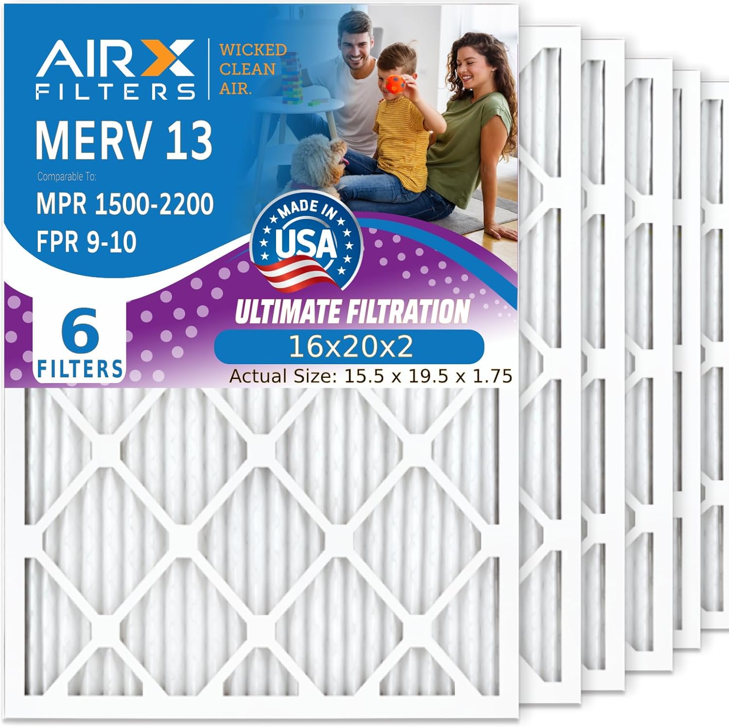 AIRX FILTERS WICKED CLEAN AIR 16x20x2 Filtro de aire MERV 13 electrostático plisado HVAC horno AC filtro 6 unidades