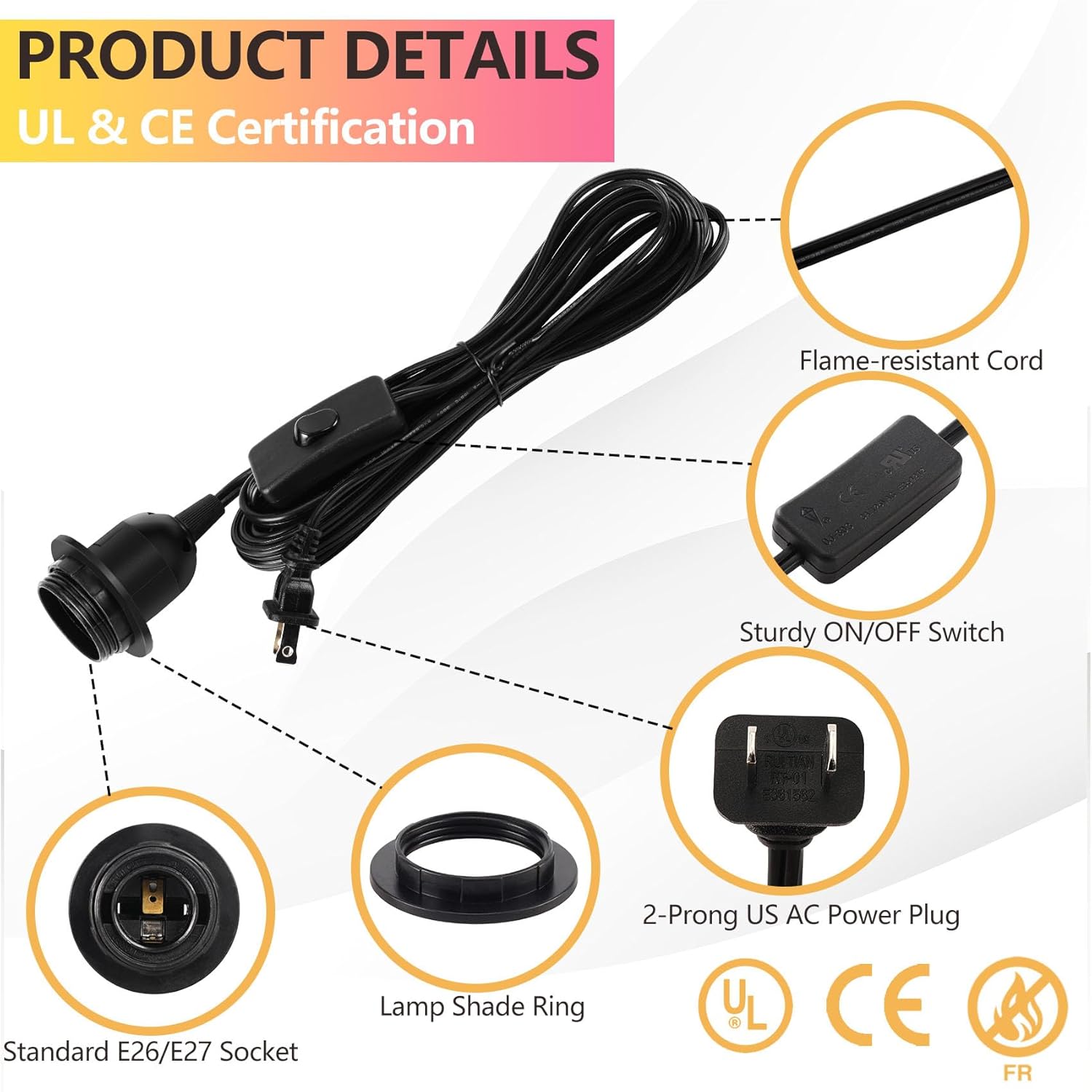 AdiyZ Cable de luz colgante  Bombilla colgante de 20 pies con cable de enchufe  Paquete de 2 cables de lámpara E26 con cable de extensión negro para