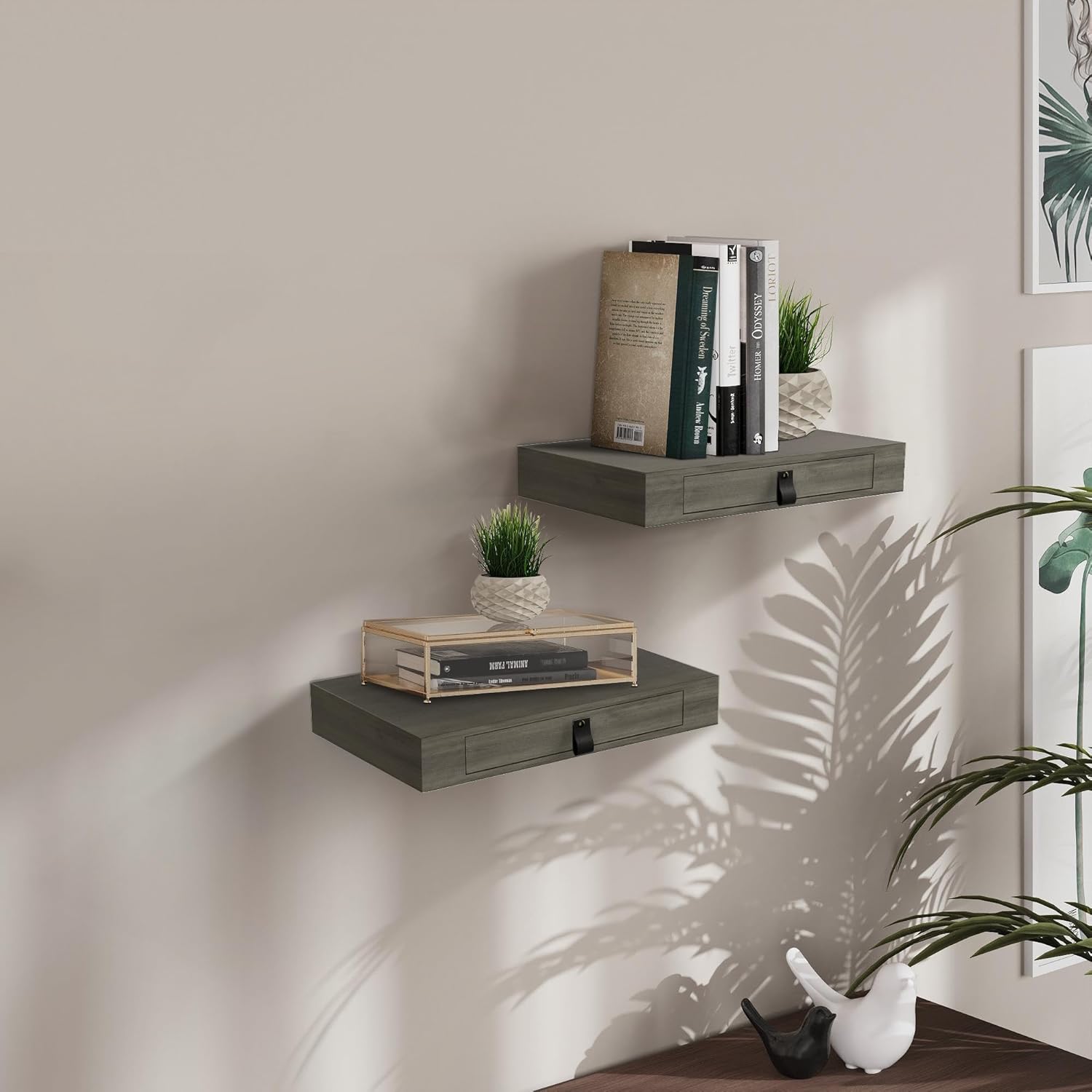 Juego de 2 estantes flotantes con cajón, mesita de noche flotante para dormitorio, estante de pared de 16 pulgadas, estante flotante con