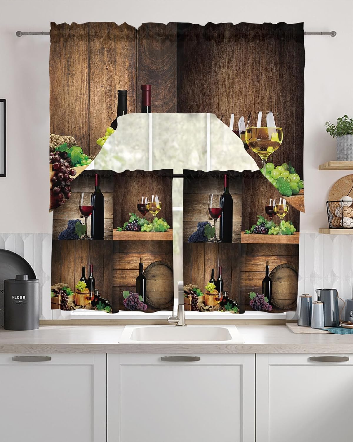 Cenefas para cocina, 3 piezas, copa de vino tinto, barril de madera, bolsillo para poste de uva, 1 cenefa y 2 niveles, juego de cortina de