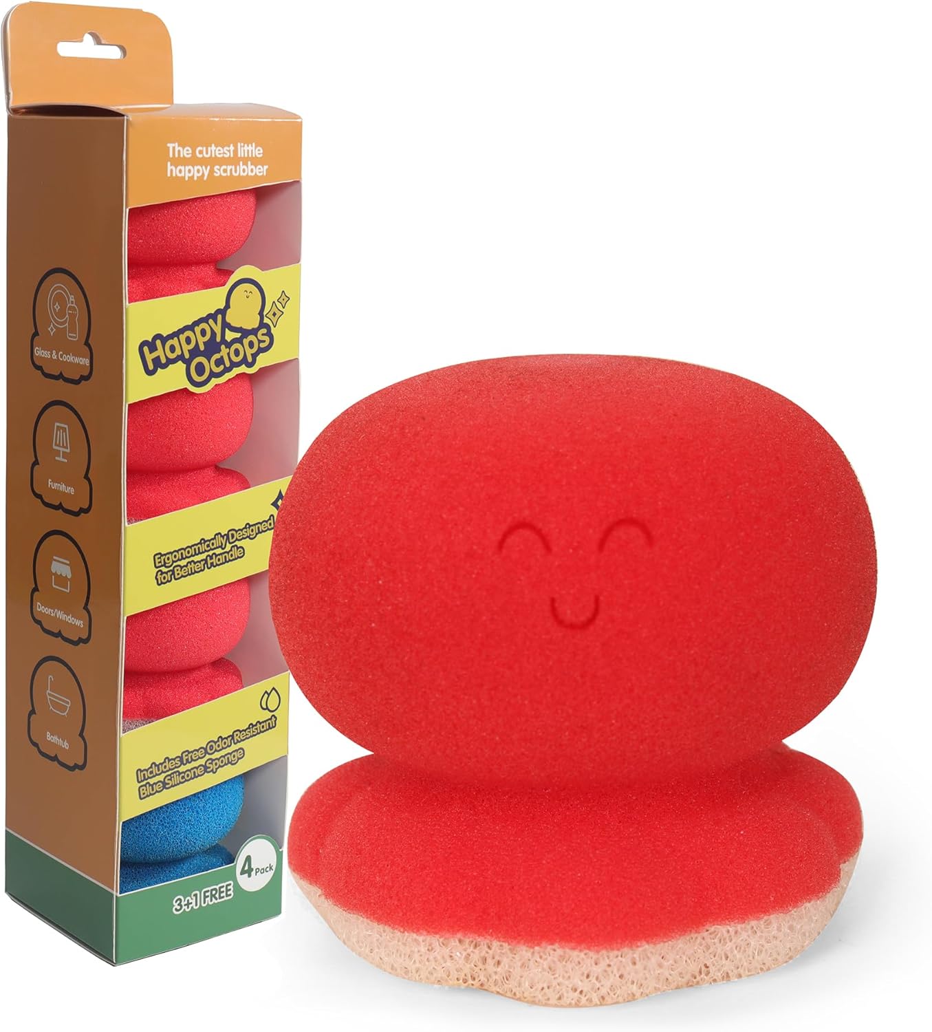 Happy Octopus – Limpiador de platos (paquete de 4)  Suministros ergonómicos de limpieza de esponja de cocina  Resistente, antiarañazos, esponjas