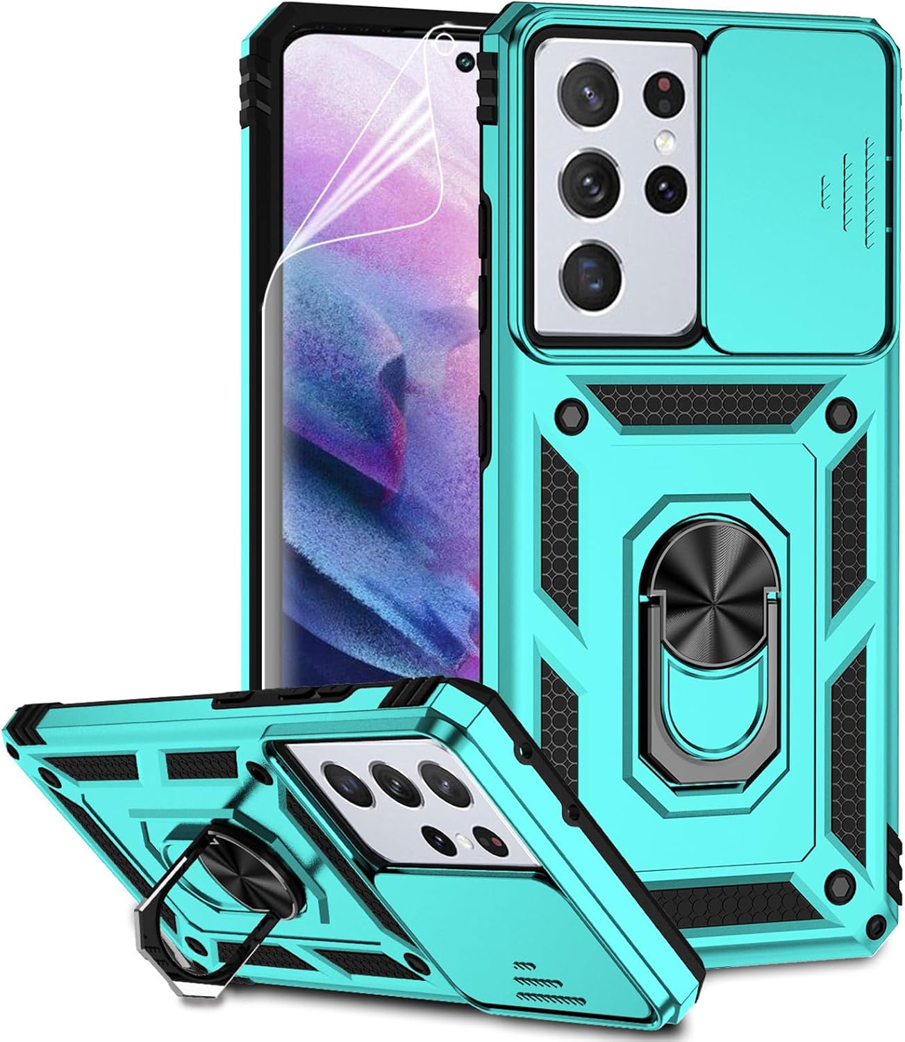 Funda para Samsung Galaxy S21 Ultra con cubierta para lente de cámara, protector de pantalla HD, soporte de anillo magnético probado contra caídas