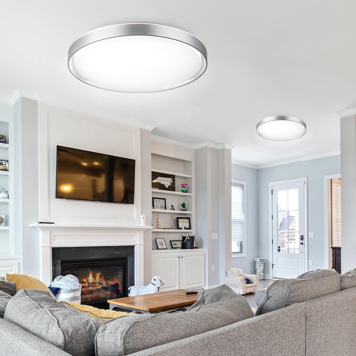 DLLT – Lámpara de techo redonda de cristal de 45 W, moderna lámpara LED regulable cerca del techo, lámpara de techo plateada de 20 pulgadas para