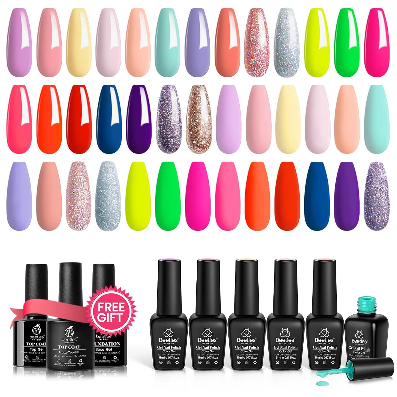 Beetles – Juego de 20 esmaltes de uñas de gel, color nude, rosa neón, rojo, pastel, amarillo, azul, con capa base superior brillante y mate, kit de