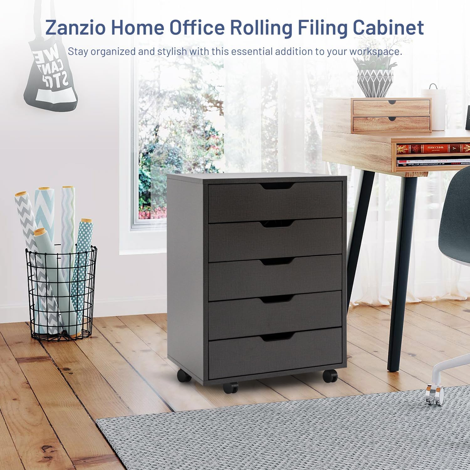 Zanzio Archivador móvil para oficina en casa con 5 cajones delgados, pequeño gabinete vertical comercial con ruedas, archivador rodante para