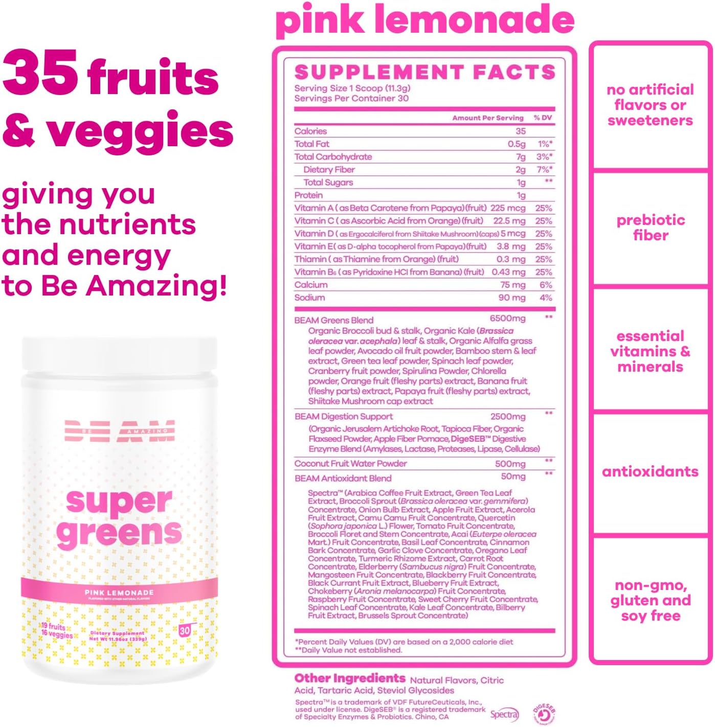 BEAM be Amazing Super Greens – Polvo con prebióticos, enzimas digestivas y antioxidantes  Suplementos energéticos, 18 frutas y 8 verduras  Mezcla de