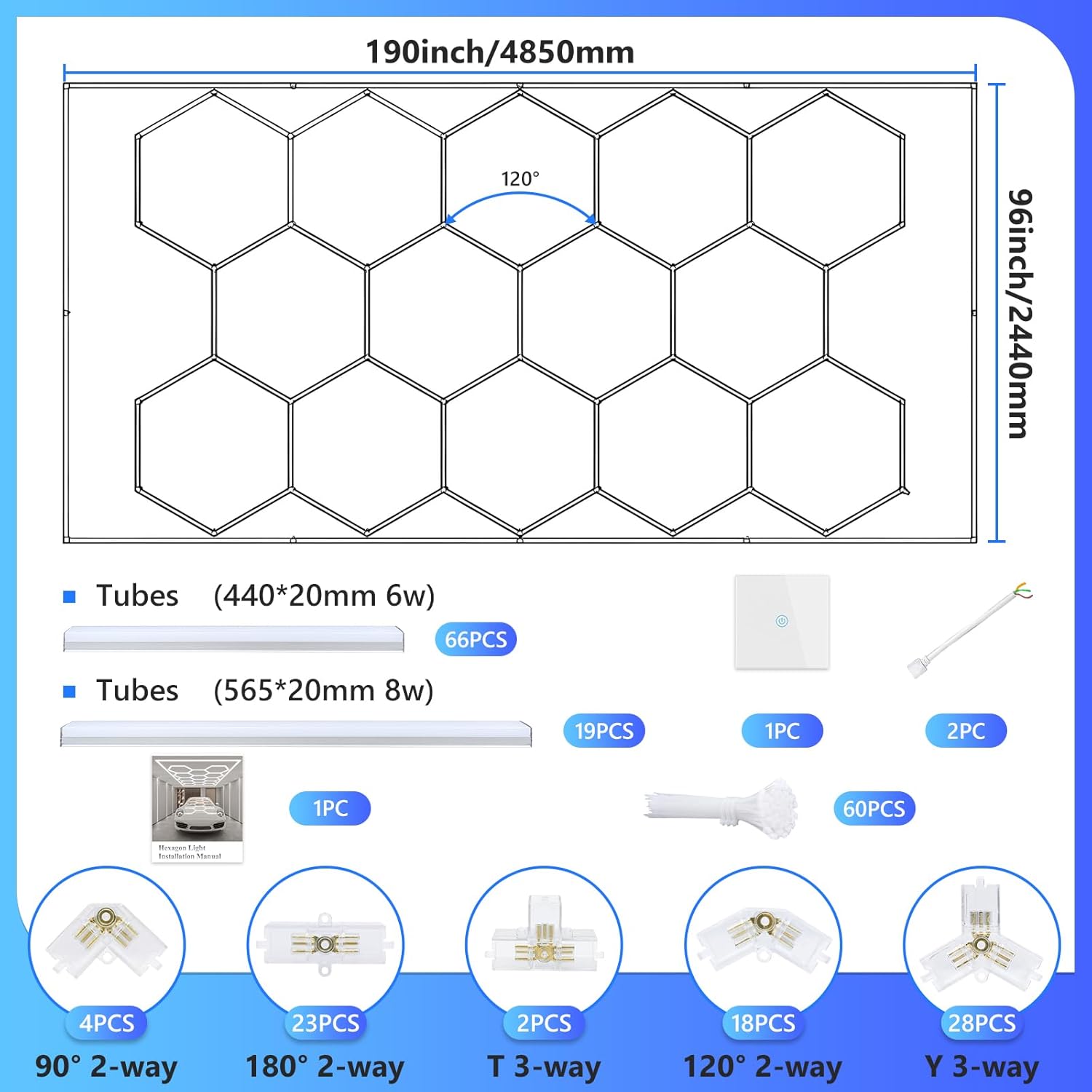 ALLYES Luces LED hexagonales  Luz hexagonal de garaje de 552 W, 66240 lm, alto brillo, 3000 K4500 K6500 K, luces ajustables CCT con interruptor