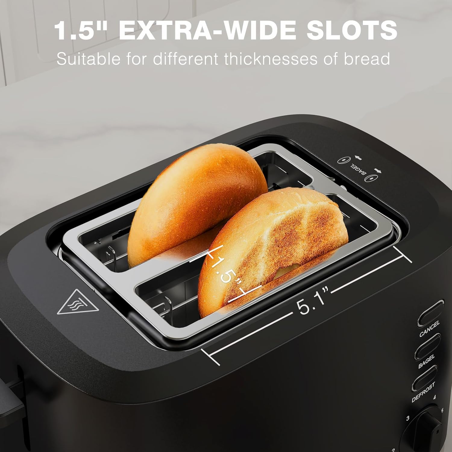 Tostadora compacta de 2 rebanadas con ranuras extra anchas de 1.5 pulgadas, estante de calentamiento integrado y bandeja extraíble para migas, 6