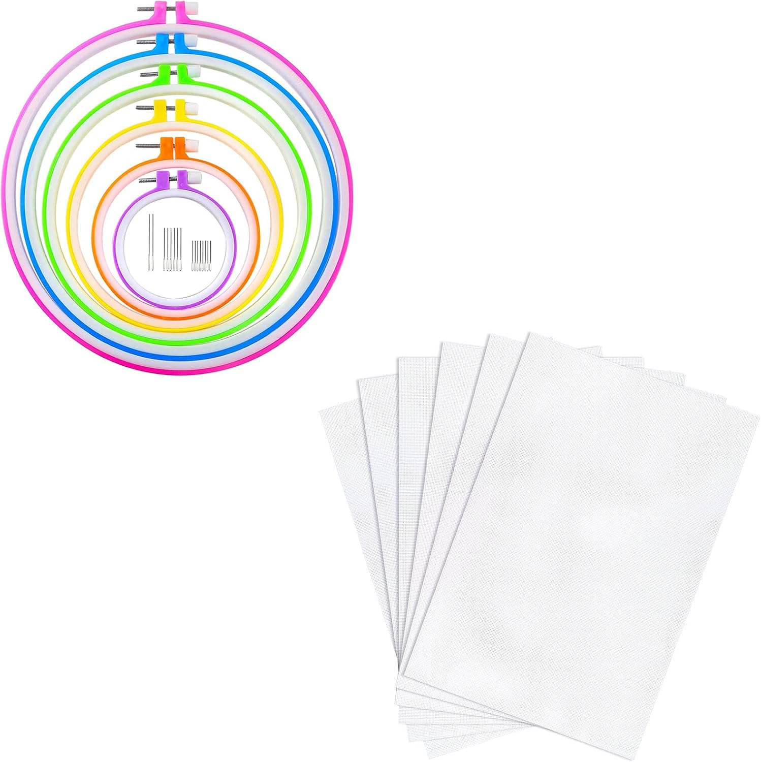 Caydo 6 aros de bordado y 15 agujas con 6 piezas de tela Aida, 14 unidades de tela de punto de cruz blanca para bordado de manualidades, costura