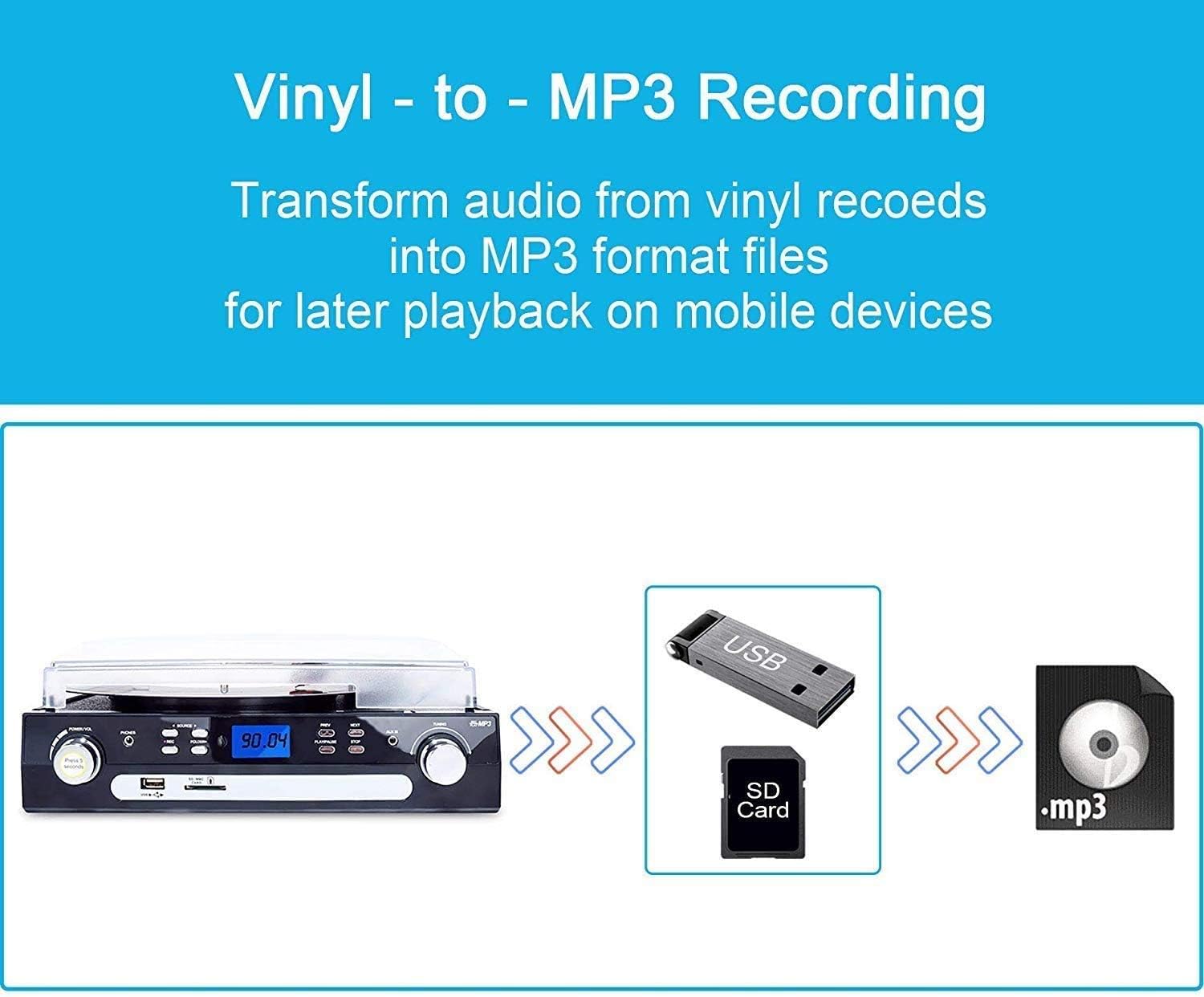 DIGITNOW Tocadiscos Bluetooth con altavoces estéreo, tocadiscos para vinilo a MP3 con reproducción de cassette, radio AMFM, control remoto,