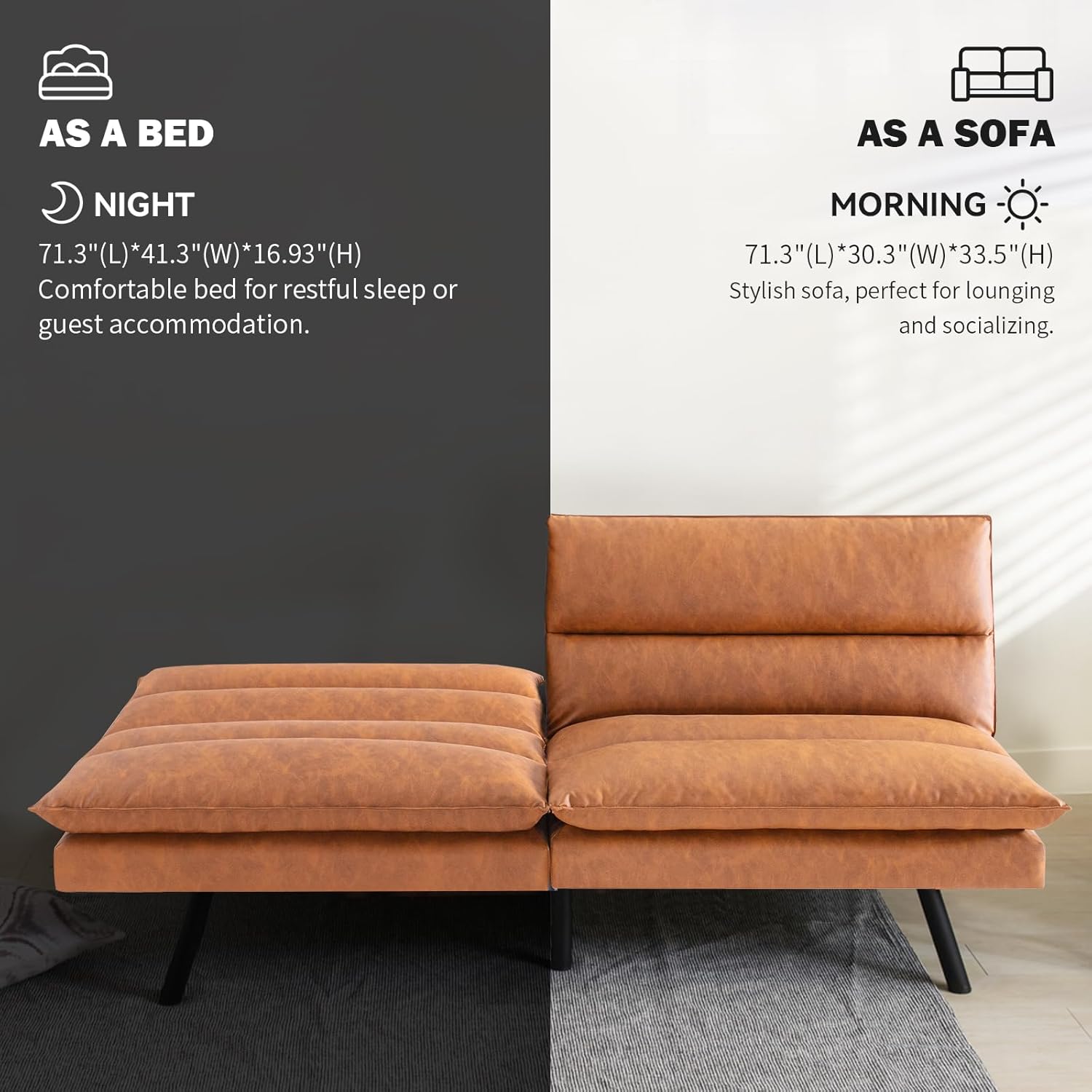 Sofá cama tipo futón convertible, sofá biplaza de espuma viscoelástica de piel sintética marrón, pequeño sofá europeo para espacios de vida