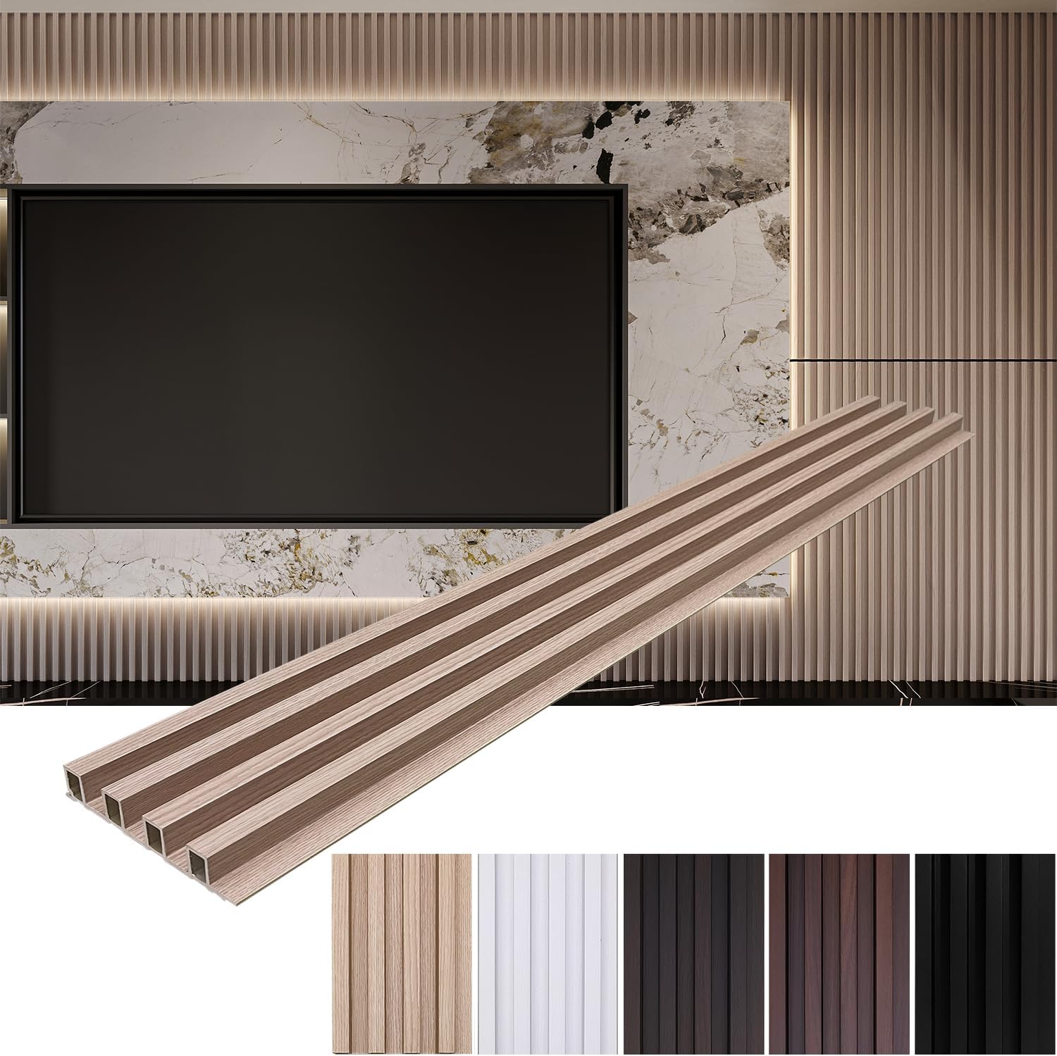 Paquete de 6 paneles de pared de listones 3D WPC Rejilla para paredes Panel compuesto de plástico de madera texturizada de roble con textura de tira