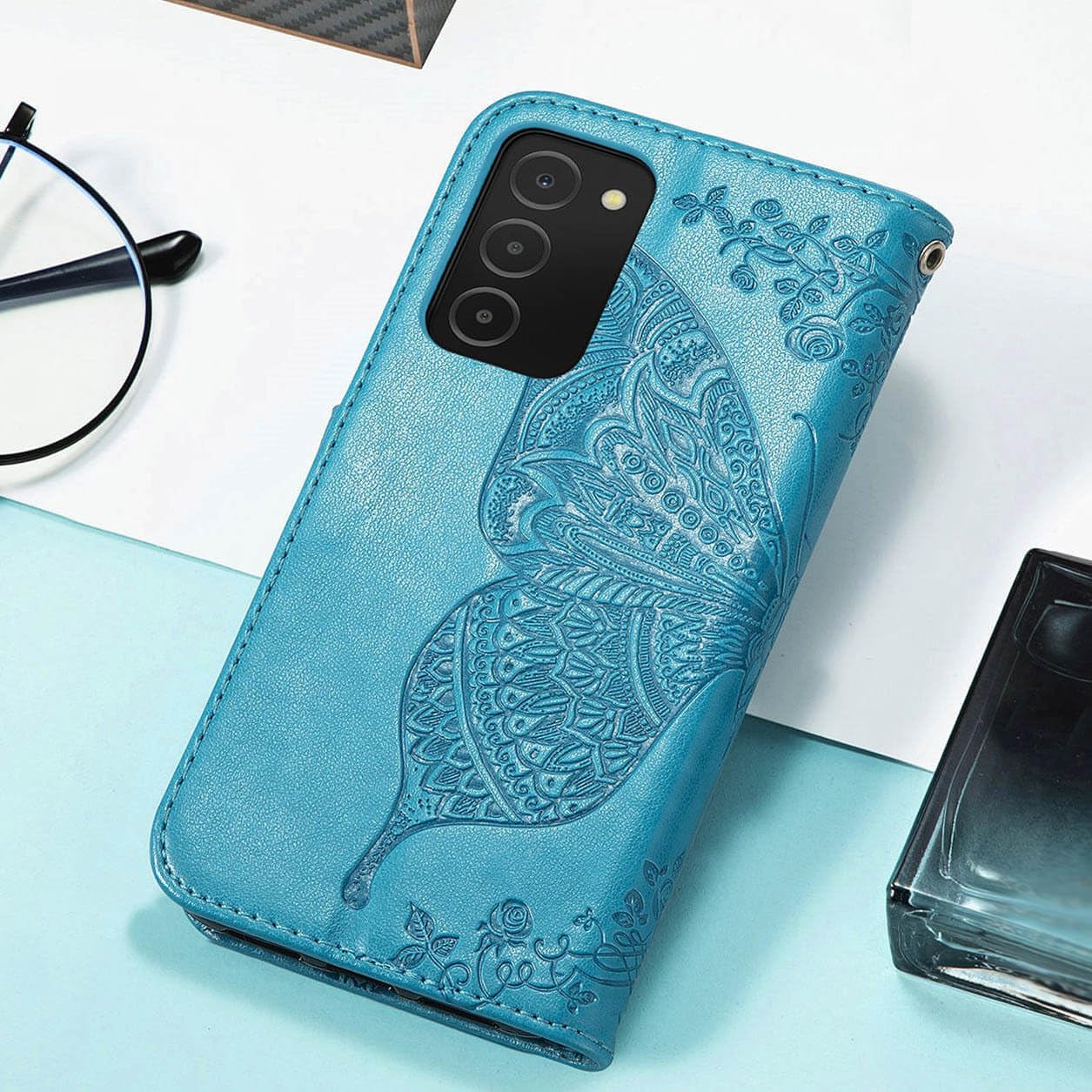 Funda diseñada para Samsung Galaxy A03S, funda de piel sintética en relieve de mariposa con tapa para tarjetas de crédito, soporte con ranuras para