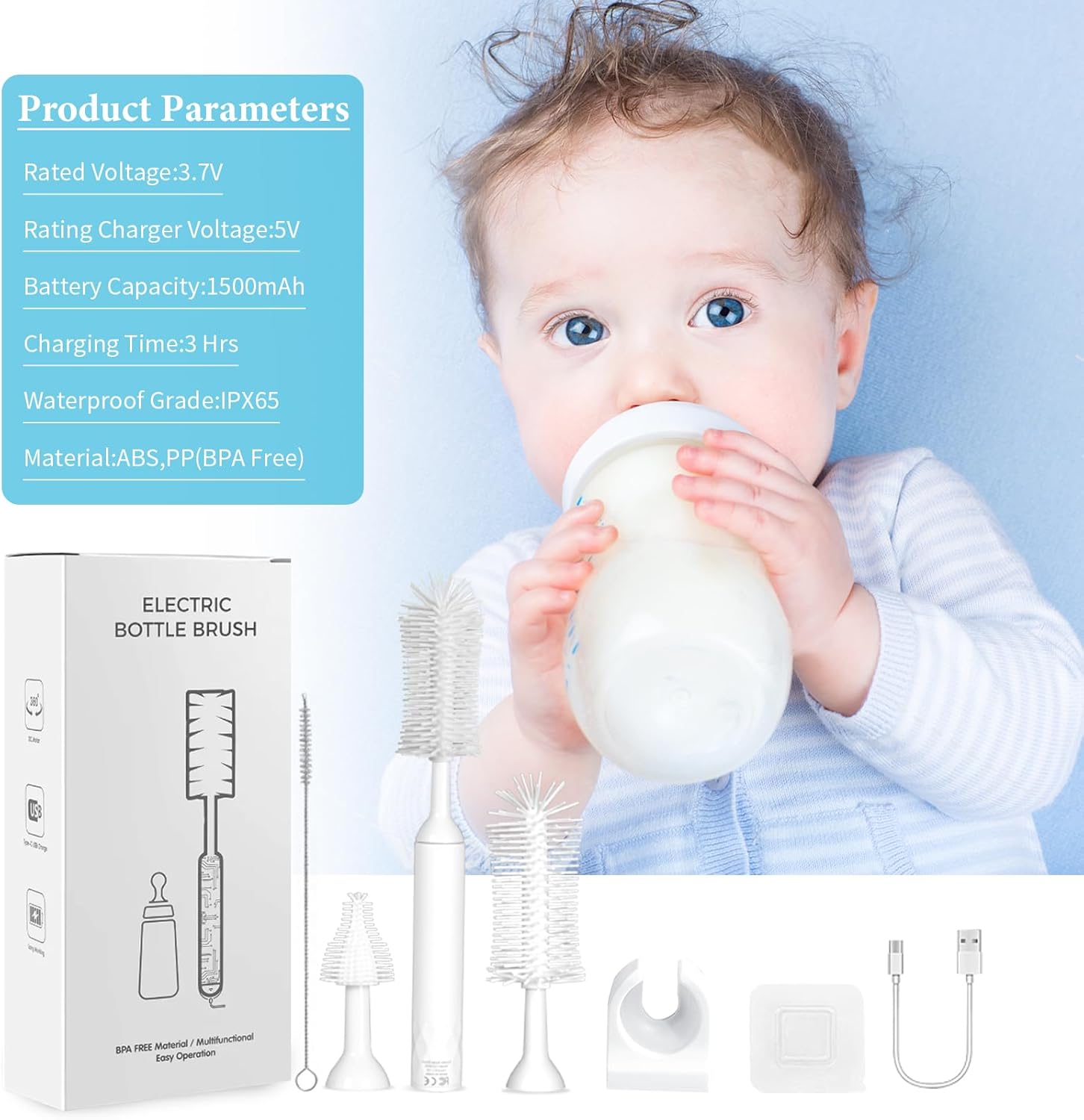 Cepillo eléctrico para biberón, cepillo de limpieza recargable con diseño impermeable y montado en la pared, botella de siliconachupetecepillo para
