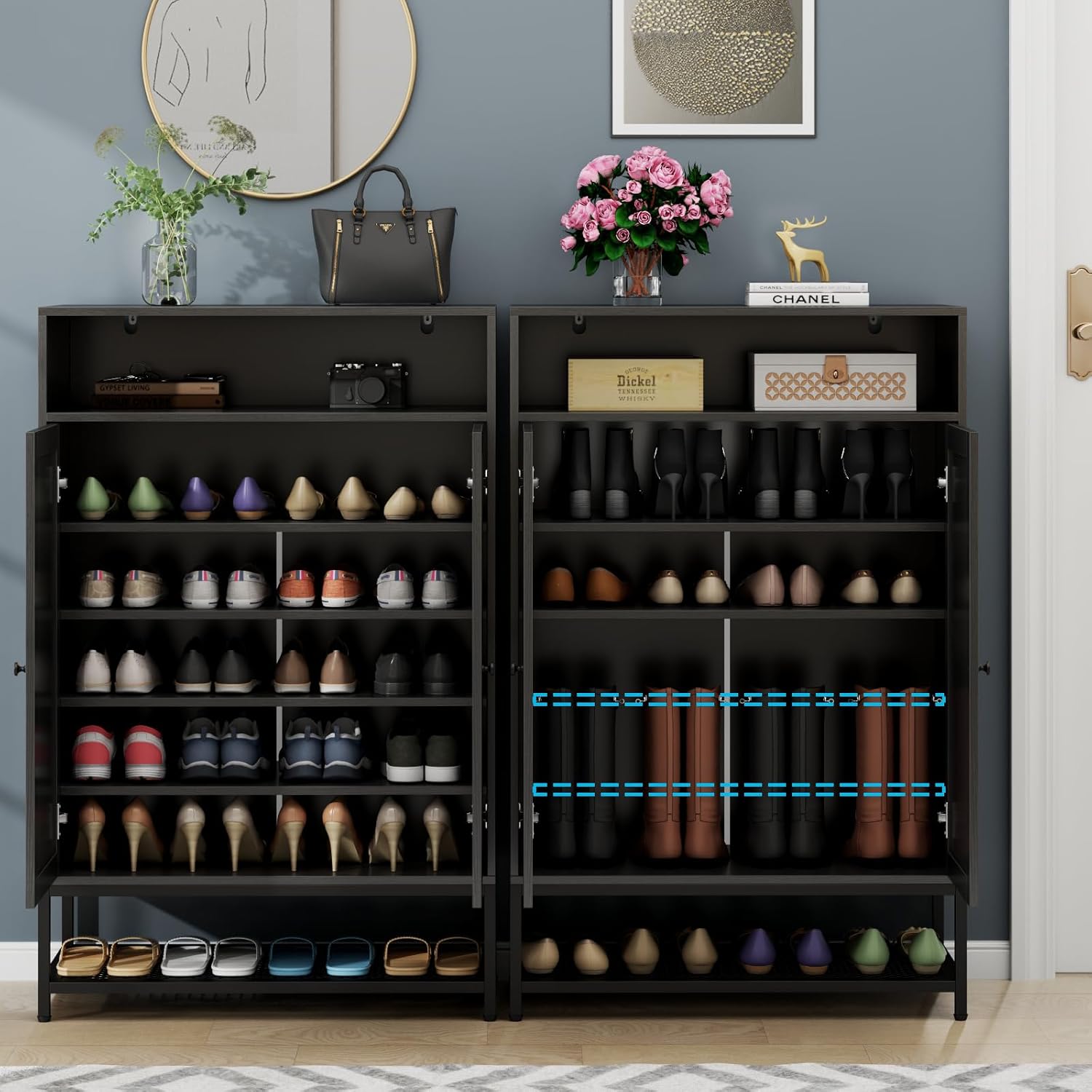 Gyfimoie Organizador de zapatos de ratán con puertas, armario de almacenamiento de zapatos con estantes ajustables para entrada, estante de zapatos