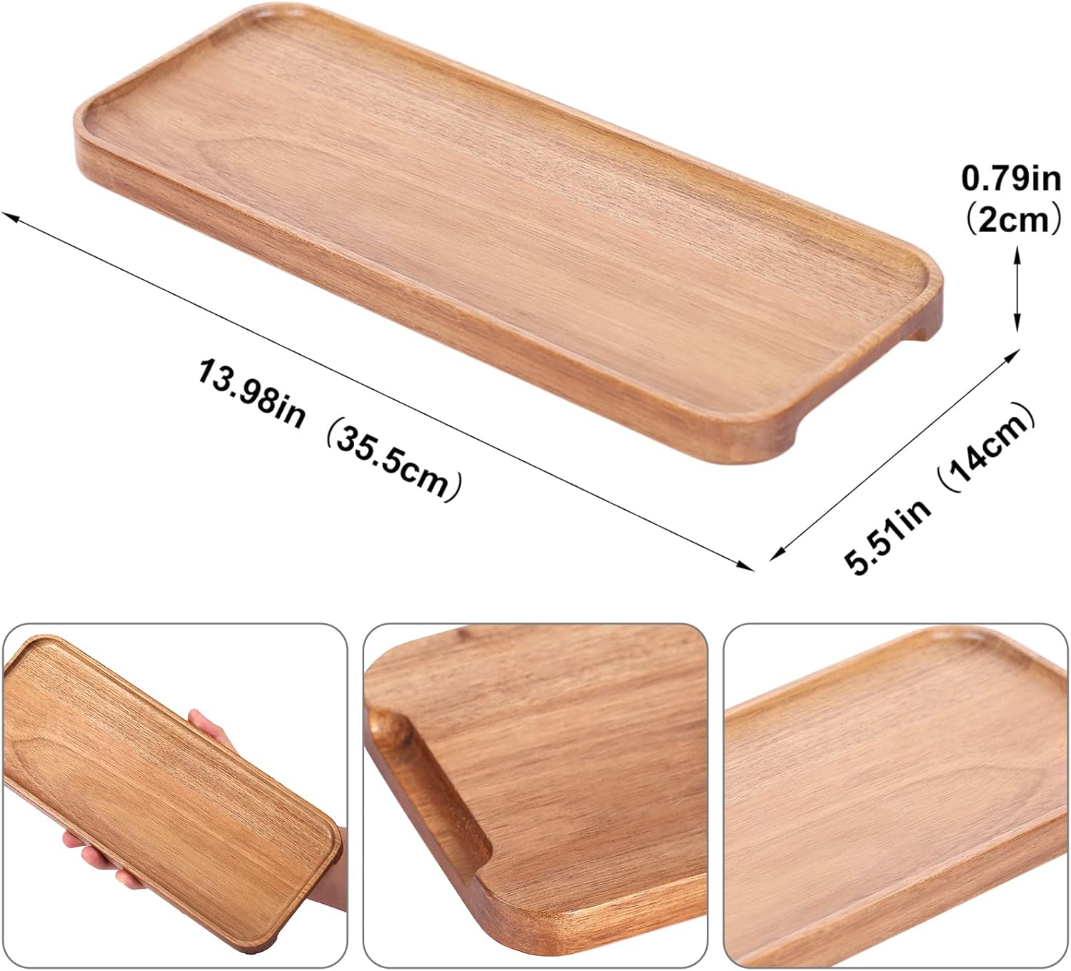 Bandeja de madera para servir (14 x 5.14 pulgadas), bandeja de madera de acacia natural, bandeja para servir, platos de comida y bandejas para