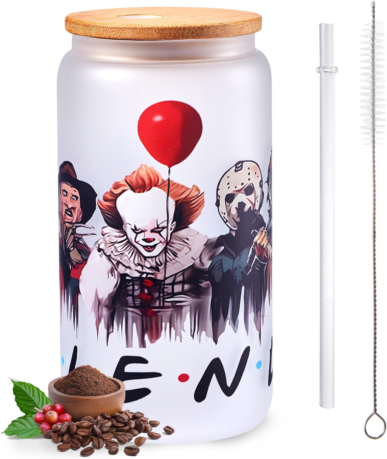 Vasos de cristal de terror con tapas y pajitas de bambú, vaso de Halloween con cara fantasma, regalos de película para mujeres, taza de café helado