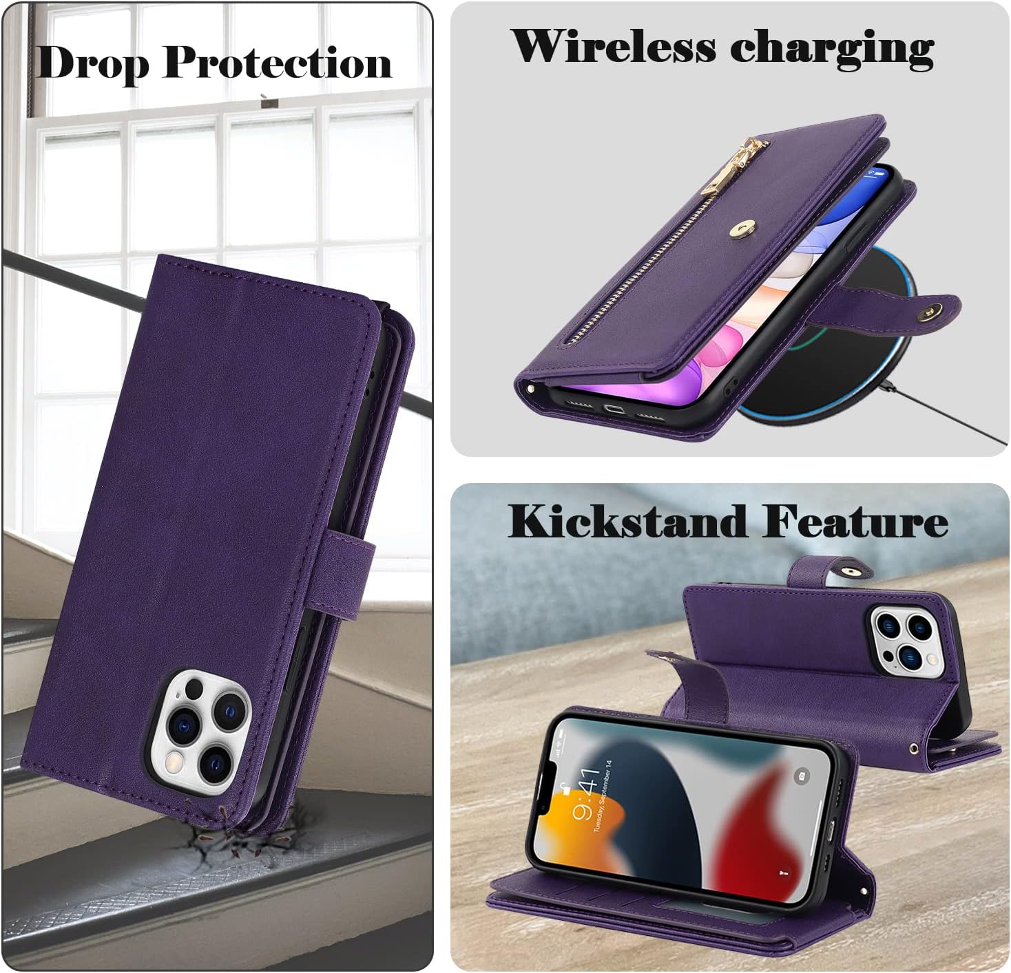 Havaya Funda tipo cartera para iPhone 1212 Pro con 9 ranuras para tarjetas, funda de piel con cremallera, funda de crédito con tapa para iPhone