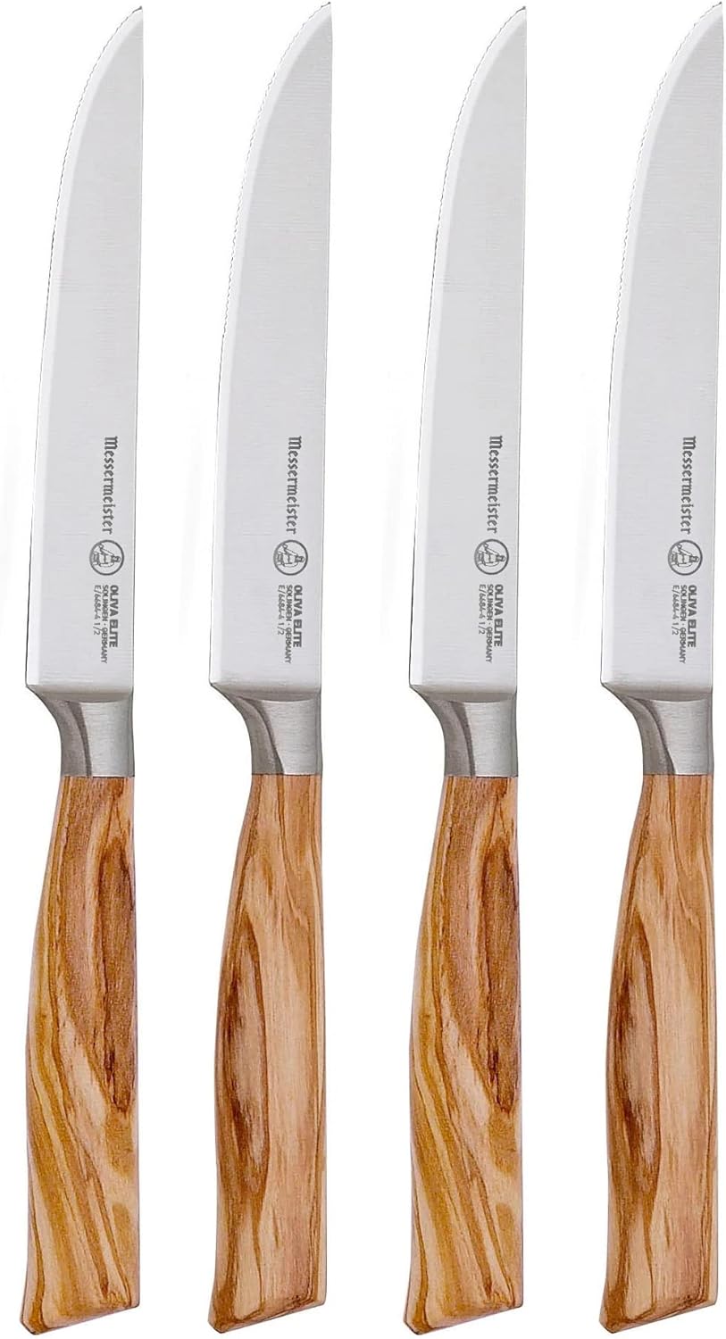 Messermeister Oliva Elite – Juego de cuchillos para carne de filo fino, hoja fina de aleación de acero alemán y mango de madera de olivo