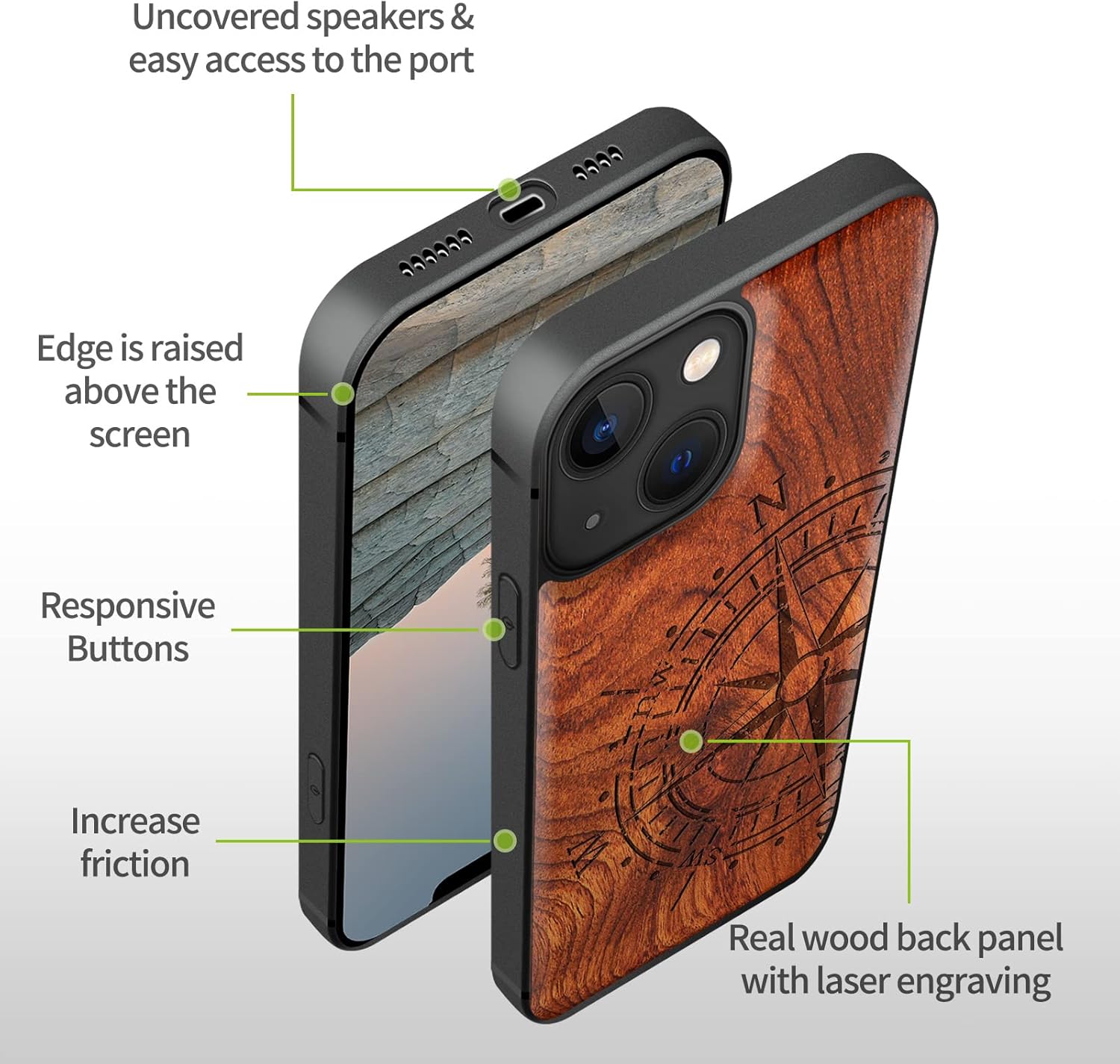Carveit Funda magnética de madera para iPhone 13 Mini madera real dura y TPU suave a prueba de golpes, funda protectora híbrida única y elegante de