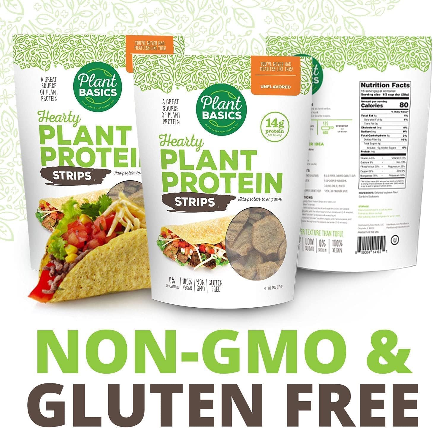 Plant Basics – Proteína vegetal abundante, tiras sin sabor, 1 libra (paquete de 2), sin OMG, sin gluten, baja en grasa, baja en sodio, vegano,