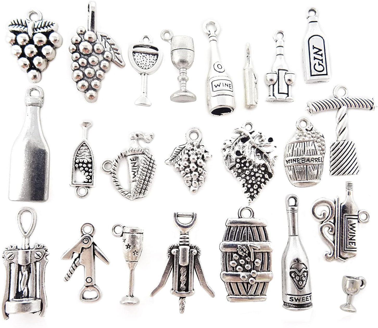 Honbay 46 dijes de metal con temática de vino, plata antigua, vino, uva, copa de cóctel, abridor de botellas de vino, dijes de barril para