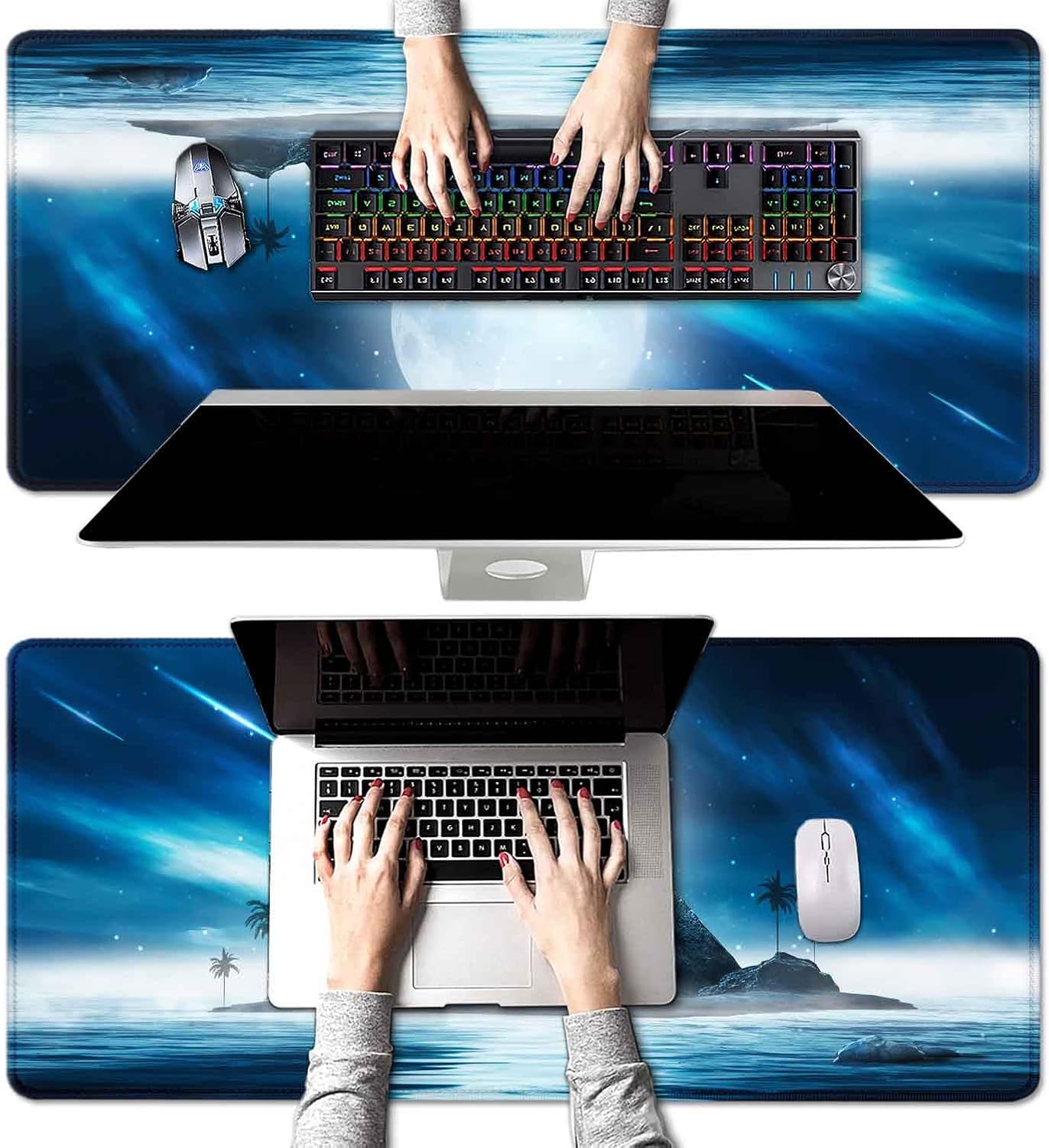 Alfombrilla de mouse grande extendida para juegos con bordes cosidos, alfombrilla de escritorio de luna llena de montaña azul para computadora,