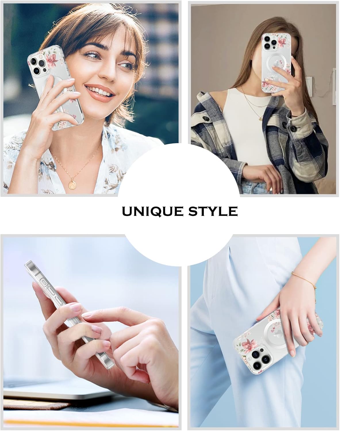 YINLAI Funda para iPhone 14 Pro Max de 6.7 pulgadas, magnética compatible con MagSafe transparente, transparente, patrón floral de flores rosas para