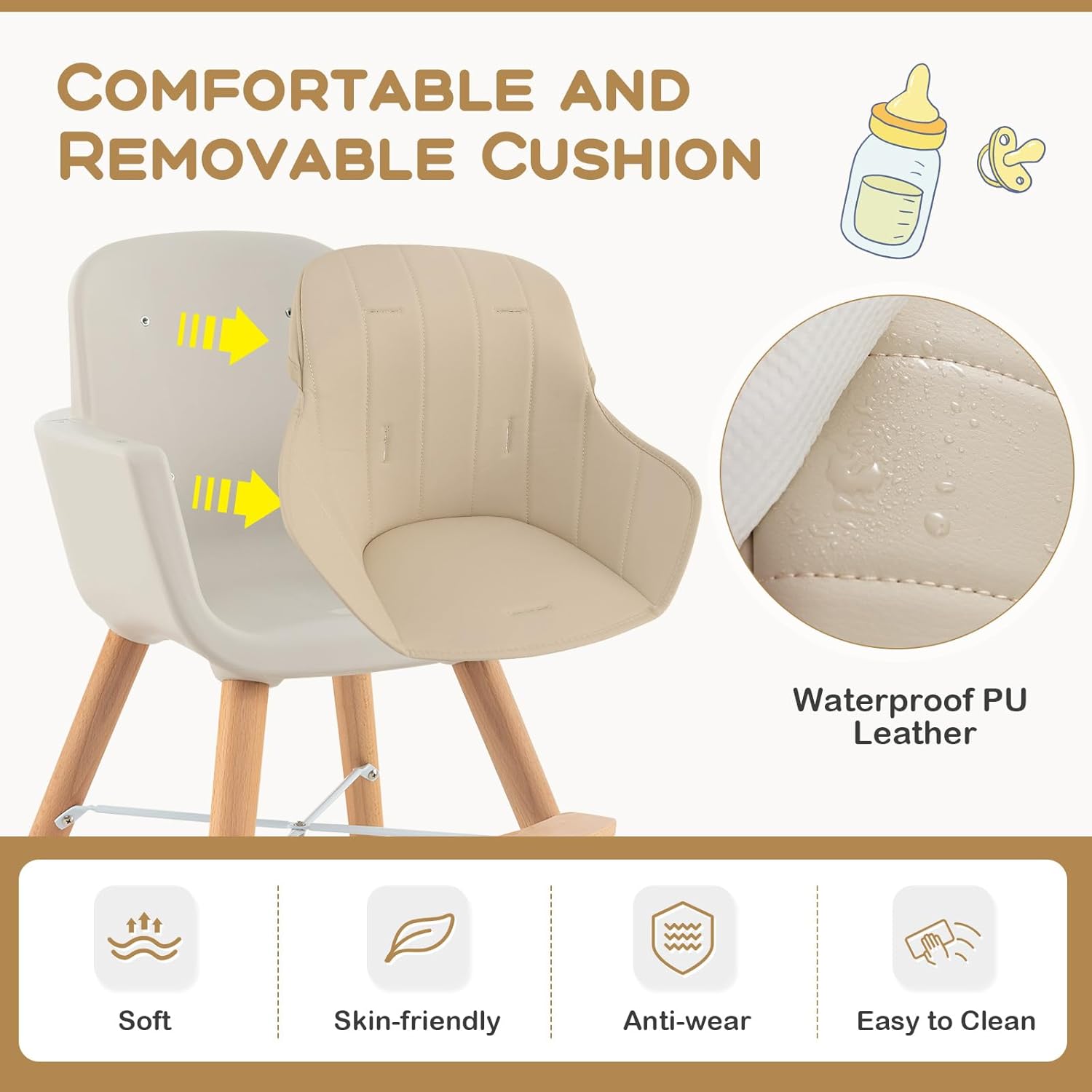 BABY JOY Silla alta convertible para bebé, silla alta de madera 3 en 1 con bandeja extraíble, patas ajustables, arnés de 5 puntos, cojín de