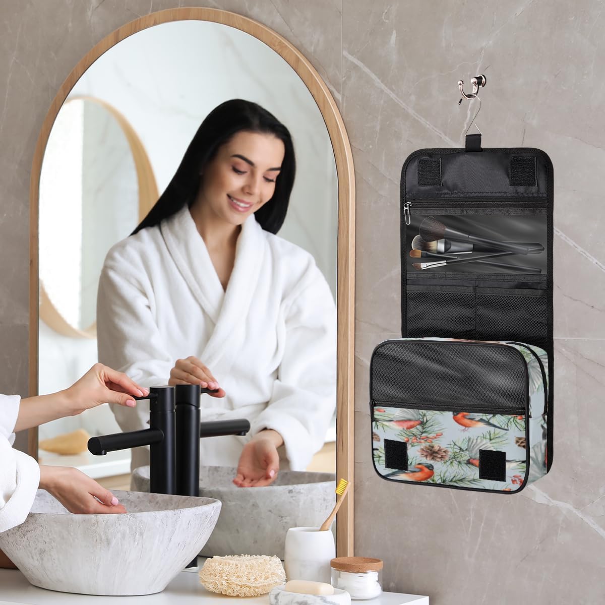 QsirBC Bolsa de aseo de pájaros de camachuelo de acuarela para mujer, organizador de maquillaje de viaje con gancho para colgar, bolsas de