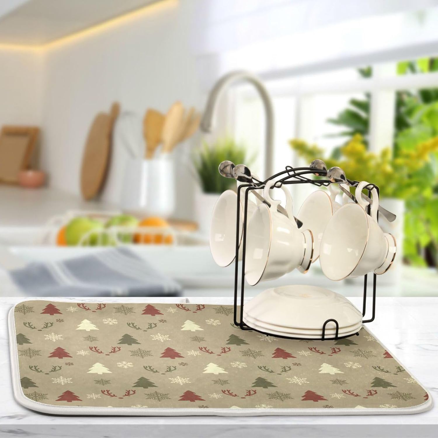 Tapete de secado de platos con copos de nieve y ciervos de Navidad, lavable, absorbente, bandeja escurridor de platos, tapete para cocina, 16 x 18