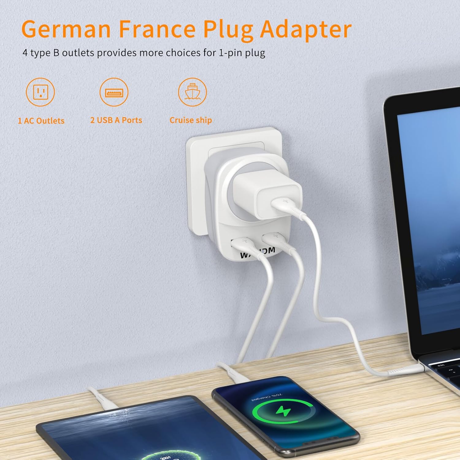 Adaptador de corriente de viaje de Alemania Francia, convertidor de enchufe tipo EF con 2 puertos USB y 2 puertos USB C, 1 toma de CA, adaptador de