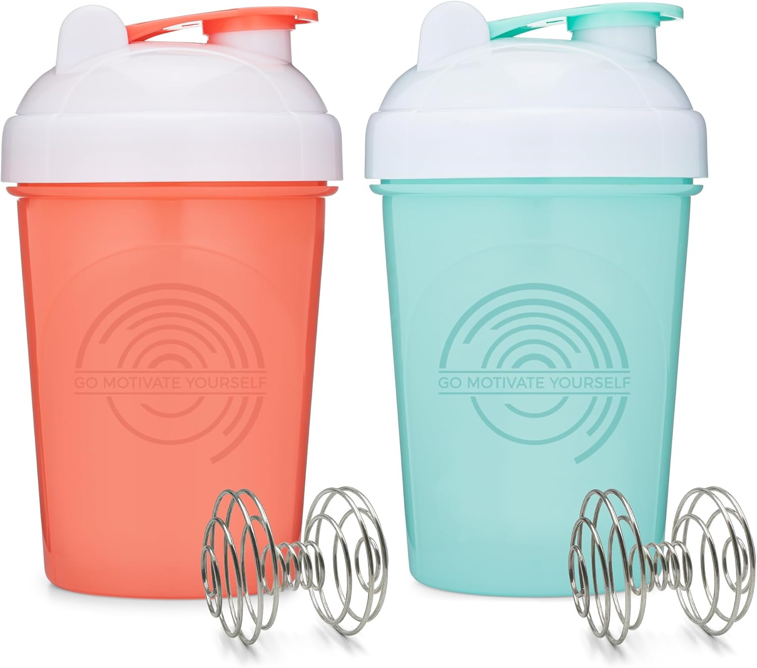 GOMOYO Paquete de 2 botellas agitadoras de 20 onzas (coral, menta)  Paquete de 2 vasos mezcladores de proteínas con agitadores  El juego de botellas