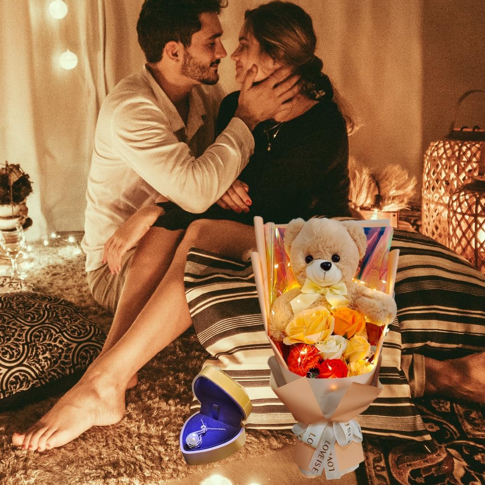 Ramo de rosas preservadas con oso de peluche, flores artificiales de rosas con collar de perlas para ella, regalo de amor, día de la madre, día de