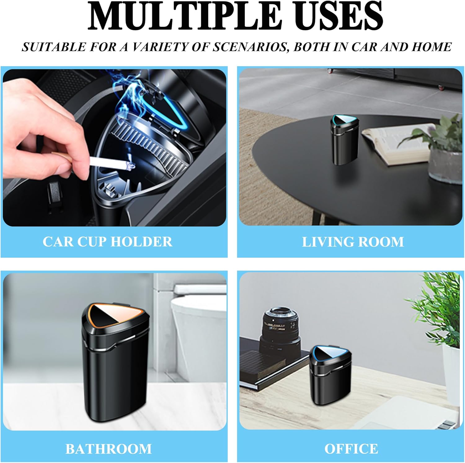 Cenicero para automóvil con tapa, a prueba de olores, cenicero sin humo, mini bote de basura para automóvil con luz LED recargable y línea USB