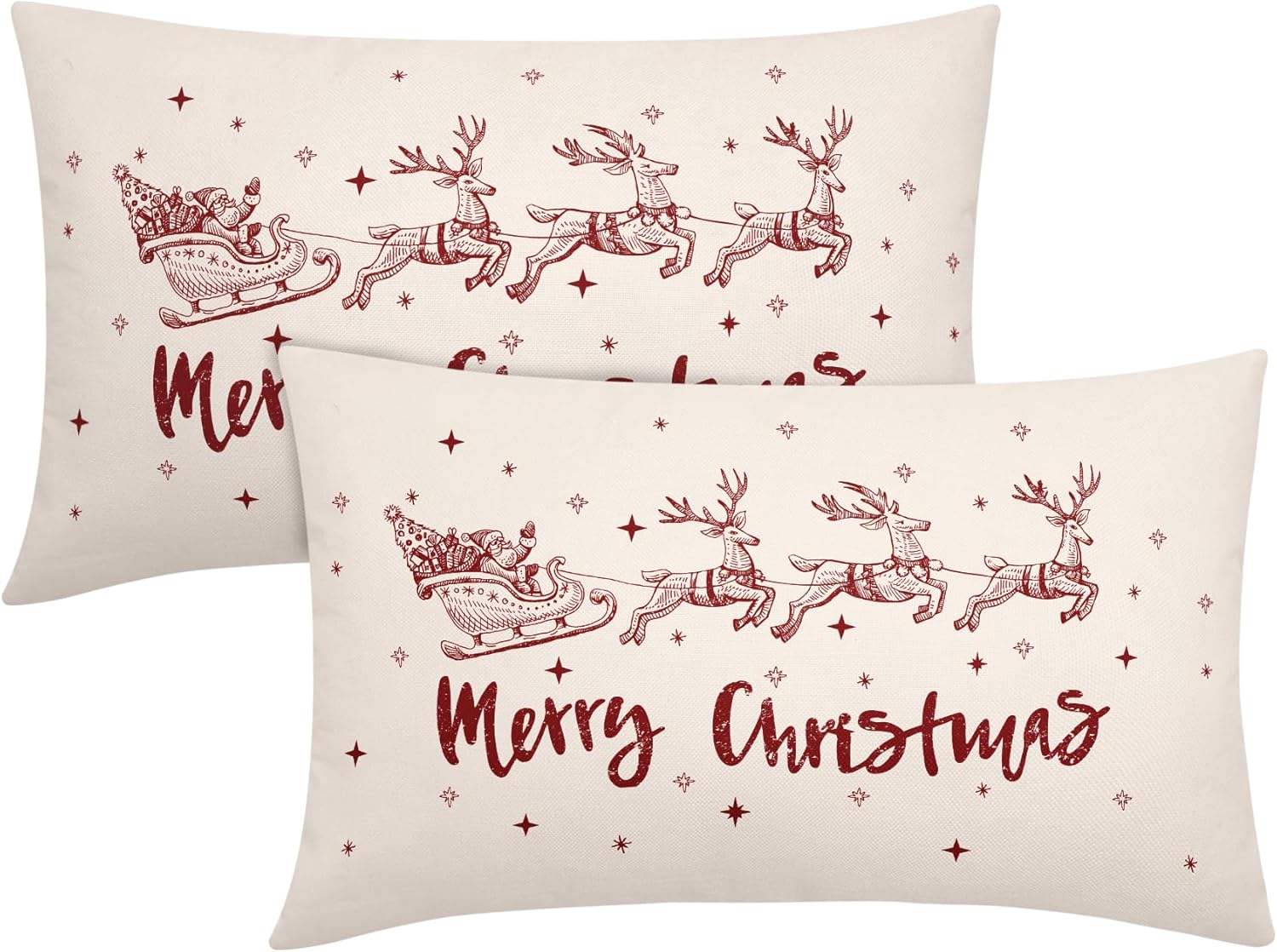 Juego de 2 fundas de almohada lumbar de Navidad de 12 x 20 pulgadas, diseño de ciervos y Papá Noel, fundas de almohada decorativas de lino de