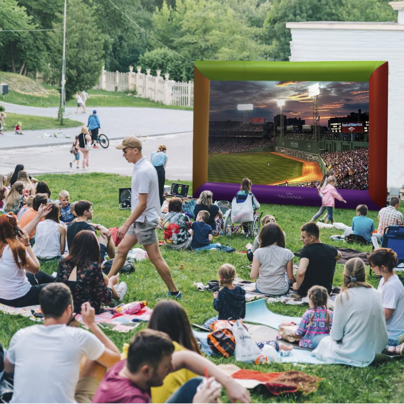Pantalla de proyector inflable de 14 pies para ver películas de TV en exteriores e interiores, soplador, amarre, estacas, bolsas de arena y bolsa de