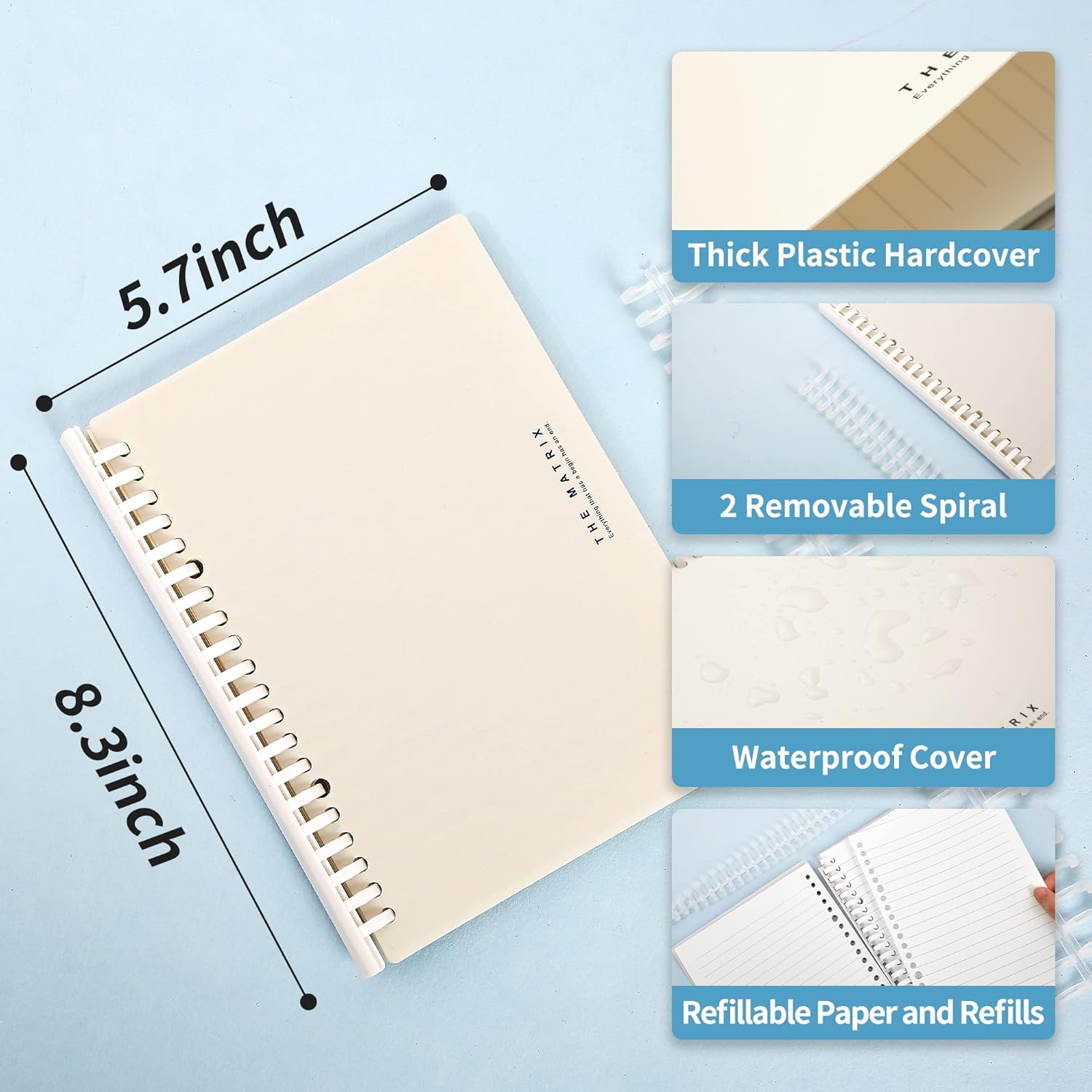 Cuaderno de espiral de 5 x 7 pulgadas de ancho para el trabajo, páginas recargables, 140 páginas A5 Sprial + 120 páginas de recambios de cubierta de