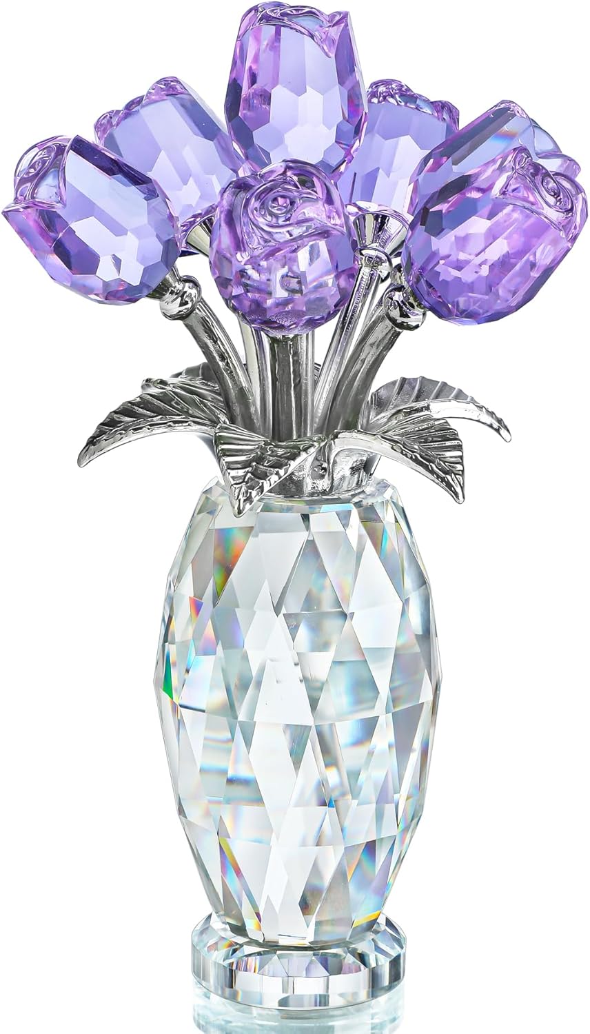 H&D HYALINE & DORA Figura de flores moradas de cristal, regalos de rosas para mamá, esposa, abuela, adorno coleccionable de flores de cristal, Día