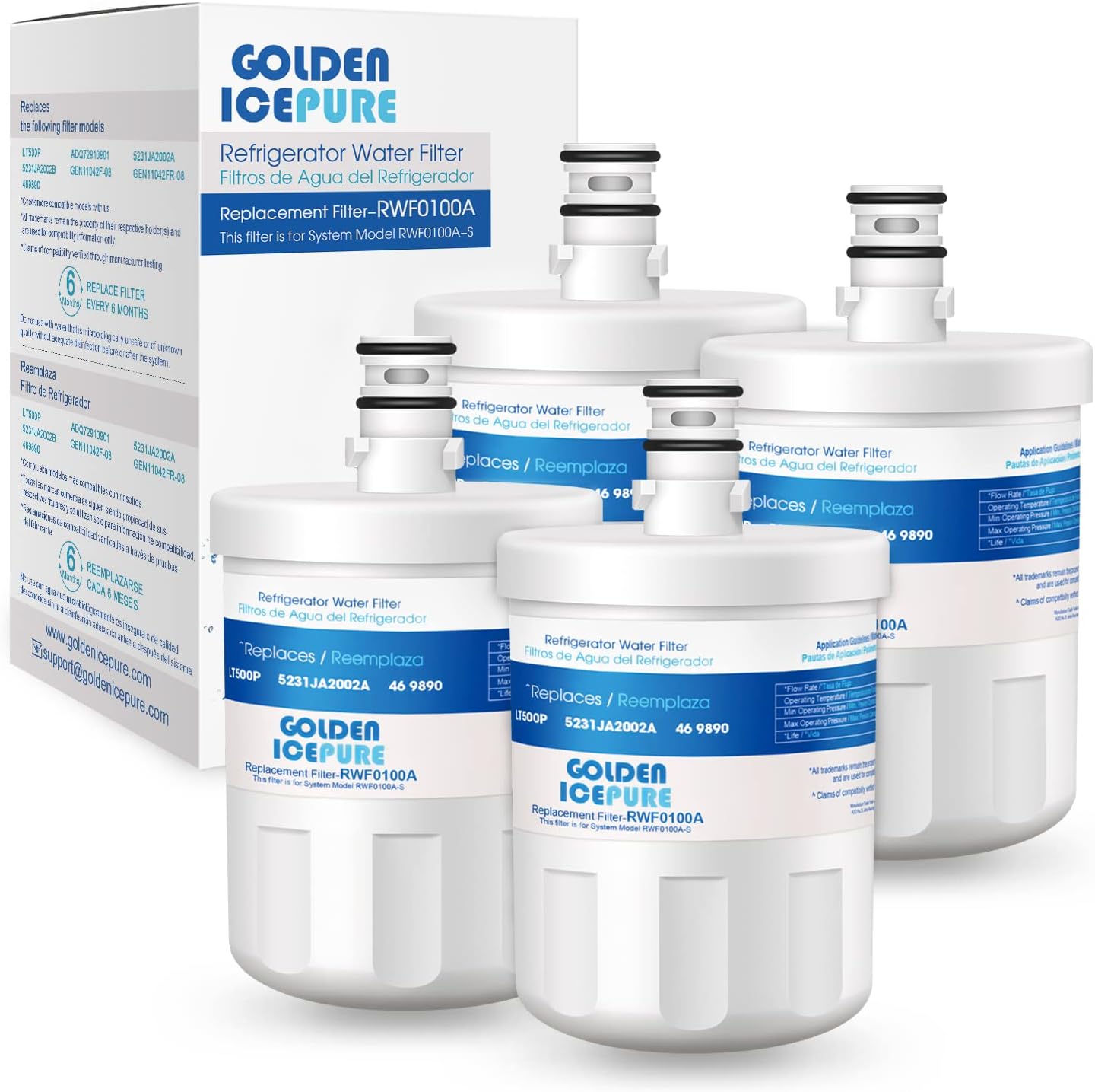 GOLDEN ICEPURE ADQ72910901 Repuesto para filtro de agua para refrigerador LGLT500P kenmore 469890 9890, paquete de 4, 5231ja2002a, LSC27925ST,